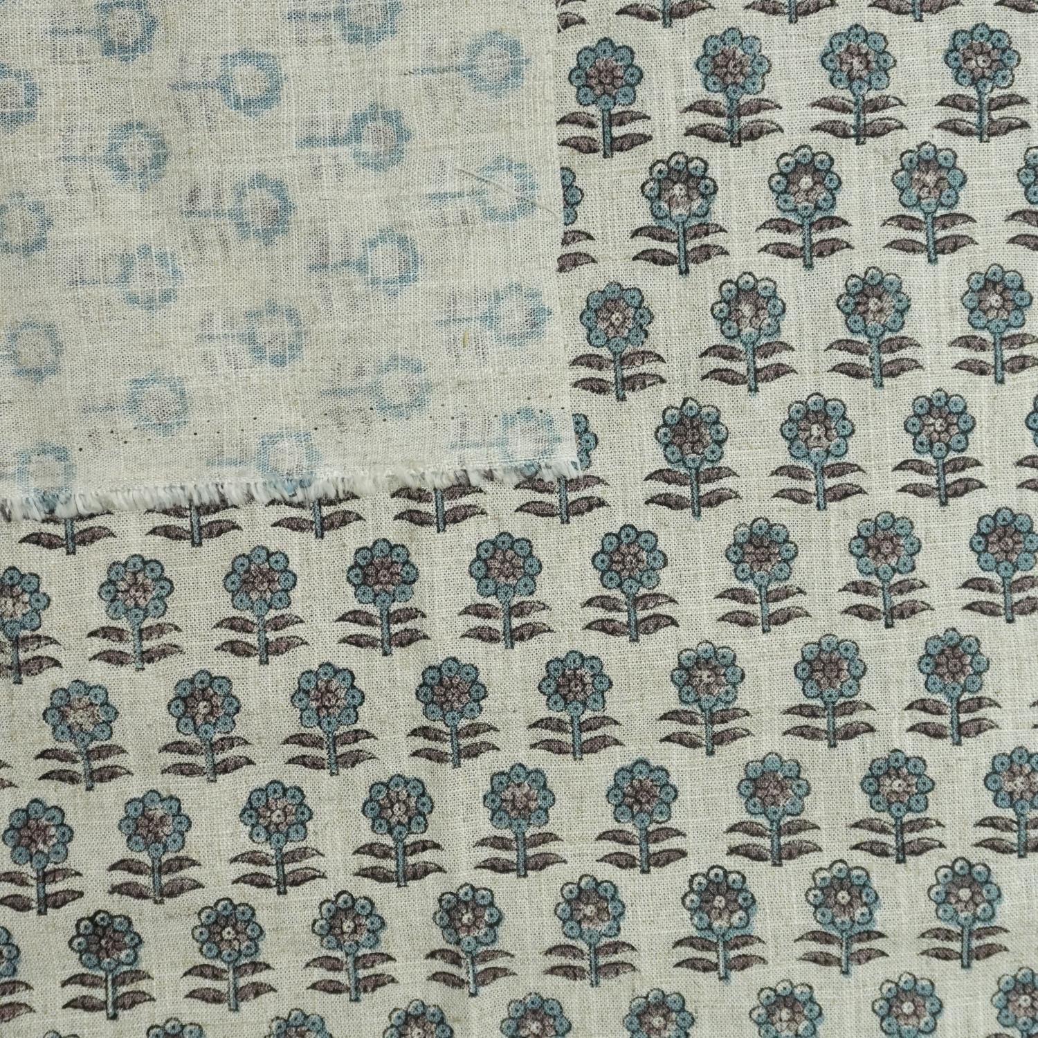 BLUE BLOCK PRINTED INDIAN HANDMADE FLORAL BOHO PILLOW AND CUSHION FABRIC VISCOSE LINEN - ANAMIKA