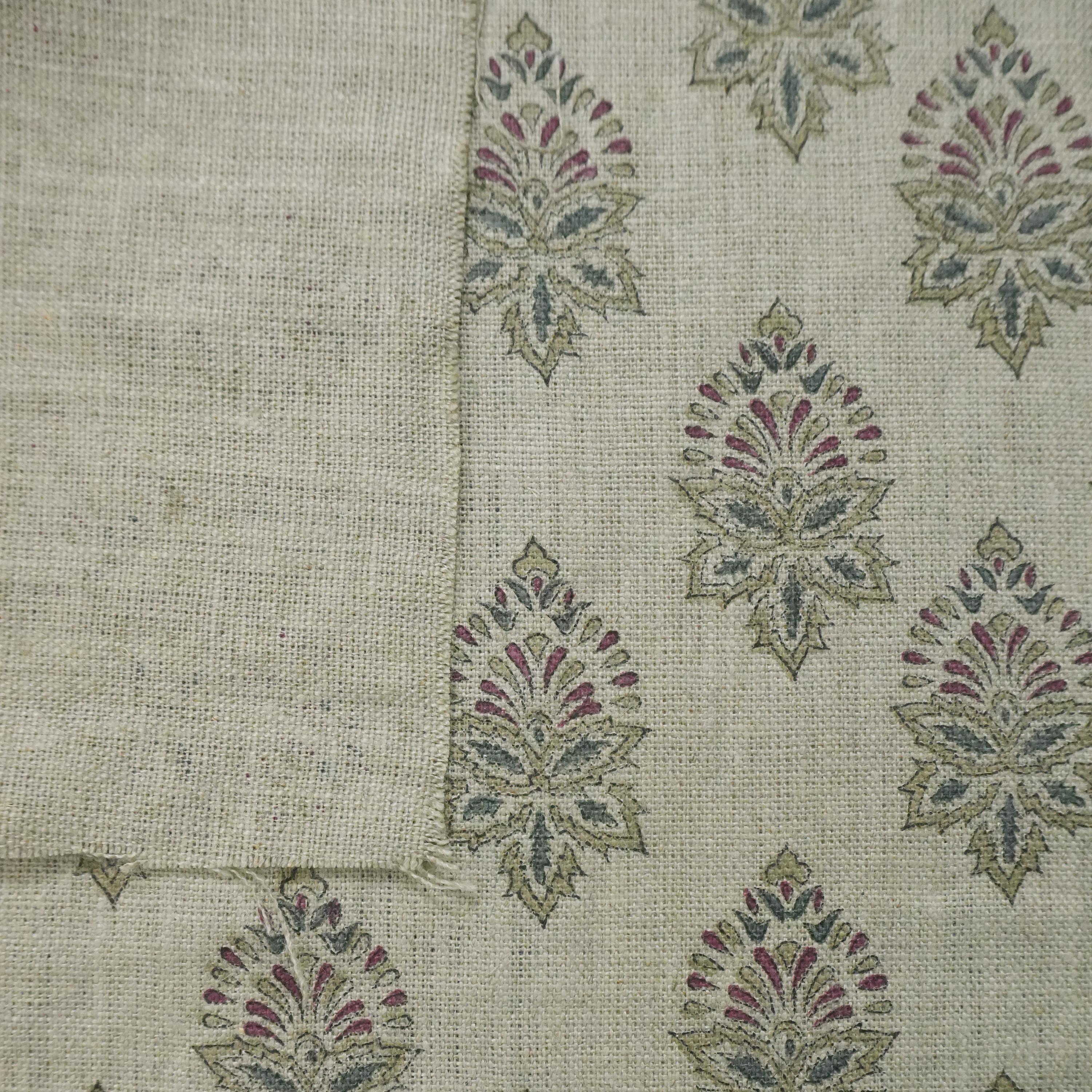 Linen Block Print Fabric 58 Inch Width Heavy Weight Linen Natural Base Color Curtains and Drapes Upholstery Handmade Art Pillow Covers Tablecloths and Runners Bedding Tote Bag Napkins by Fabritual