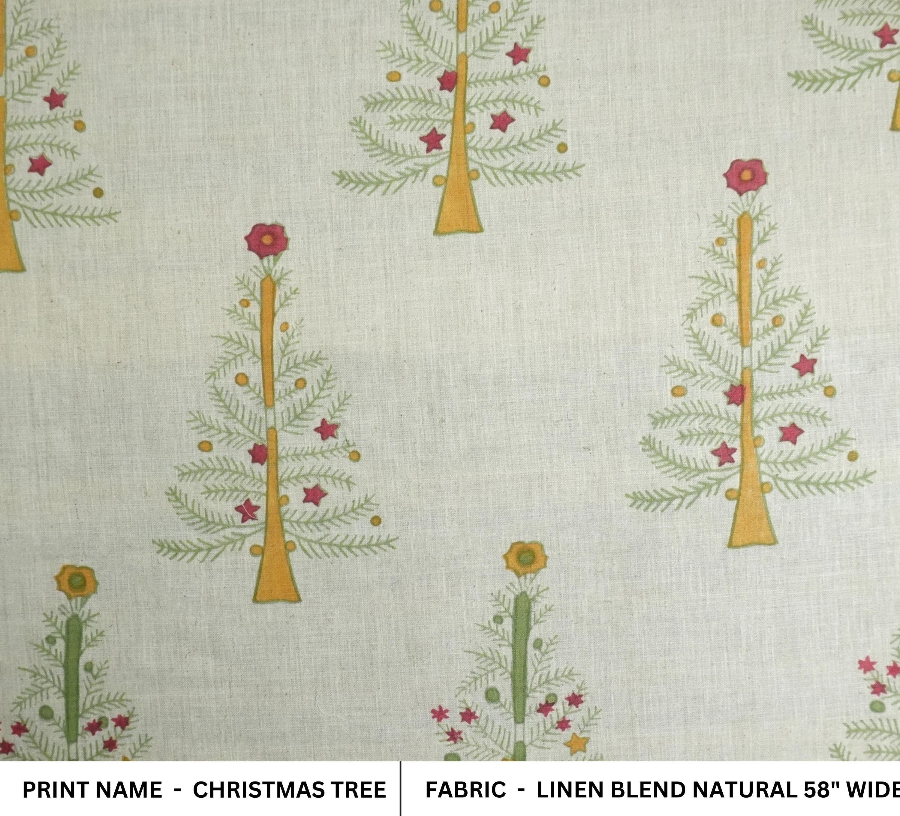 BLOCK PRINTED LINEN BLEND PINK AND GREEN FLORAL HANDMADE DECORATIVE CUSHION FABRIC - CHRISTMAS TREE