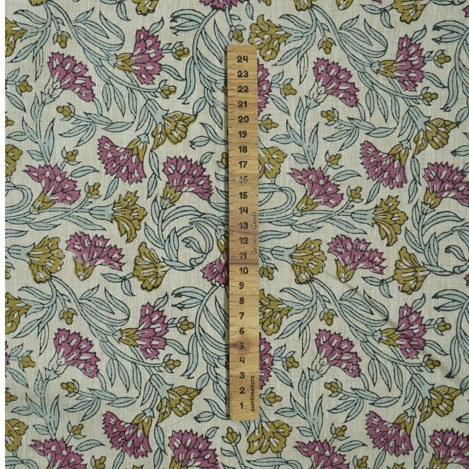 BLOCK PRINT FABRIC FOR TABLE CLOTH GREEN FLORAL HOME DECOR LINEN BLEND NATURAL - THORNY STEMS