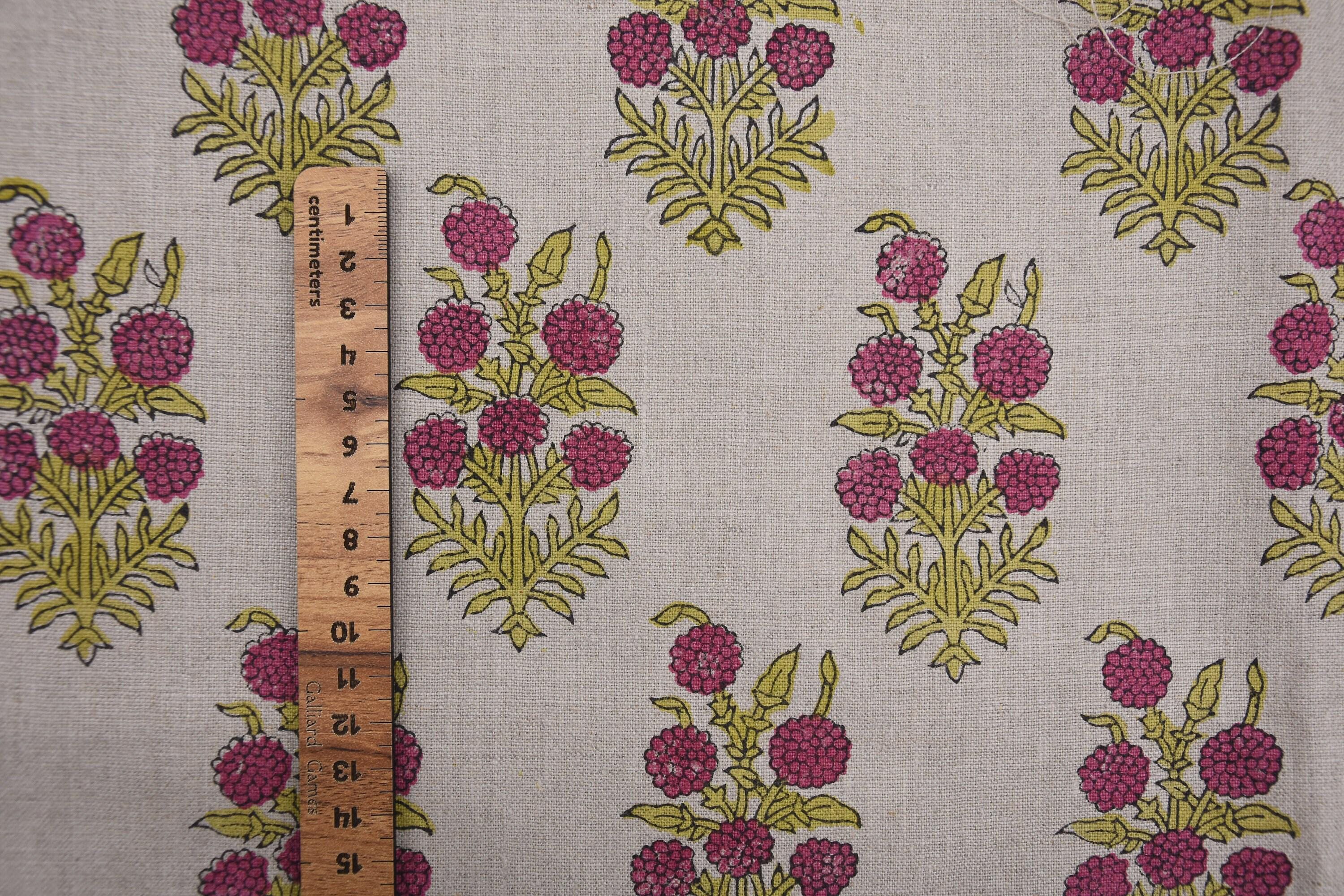 Block Printed Premium Thick Linen Handmade Fabric in Rose Gold and Mustard Big Floral for Tablecloths – HJARA