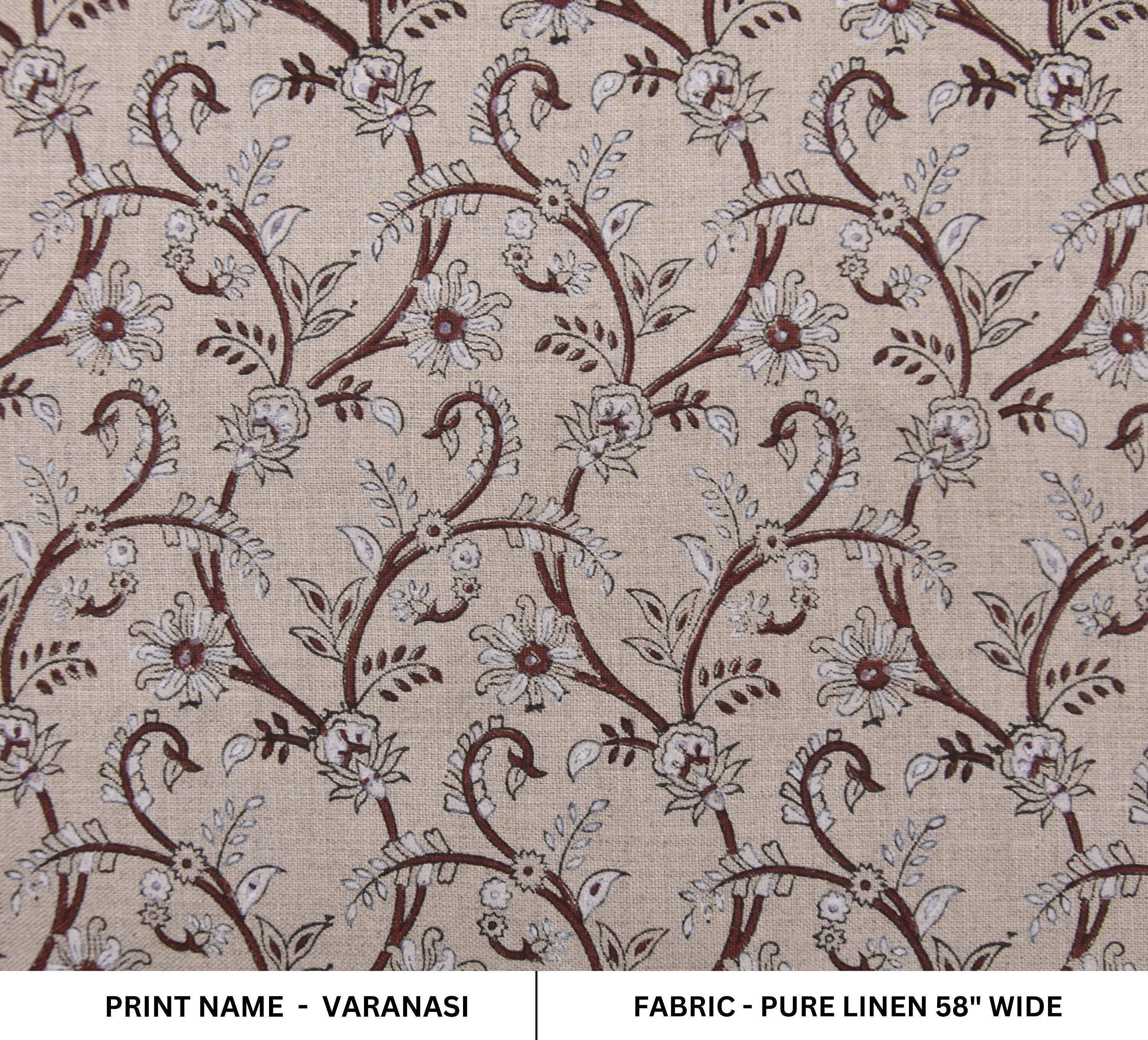 Traditional Handcrafted 100% Pure Linen Fabric with Brown Floral Block Printed for Curtains Indian Textiles – VARANASI
