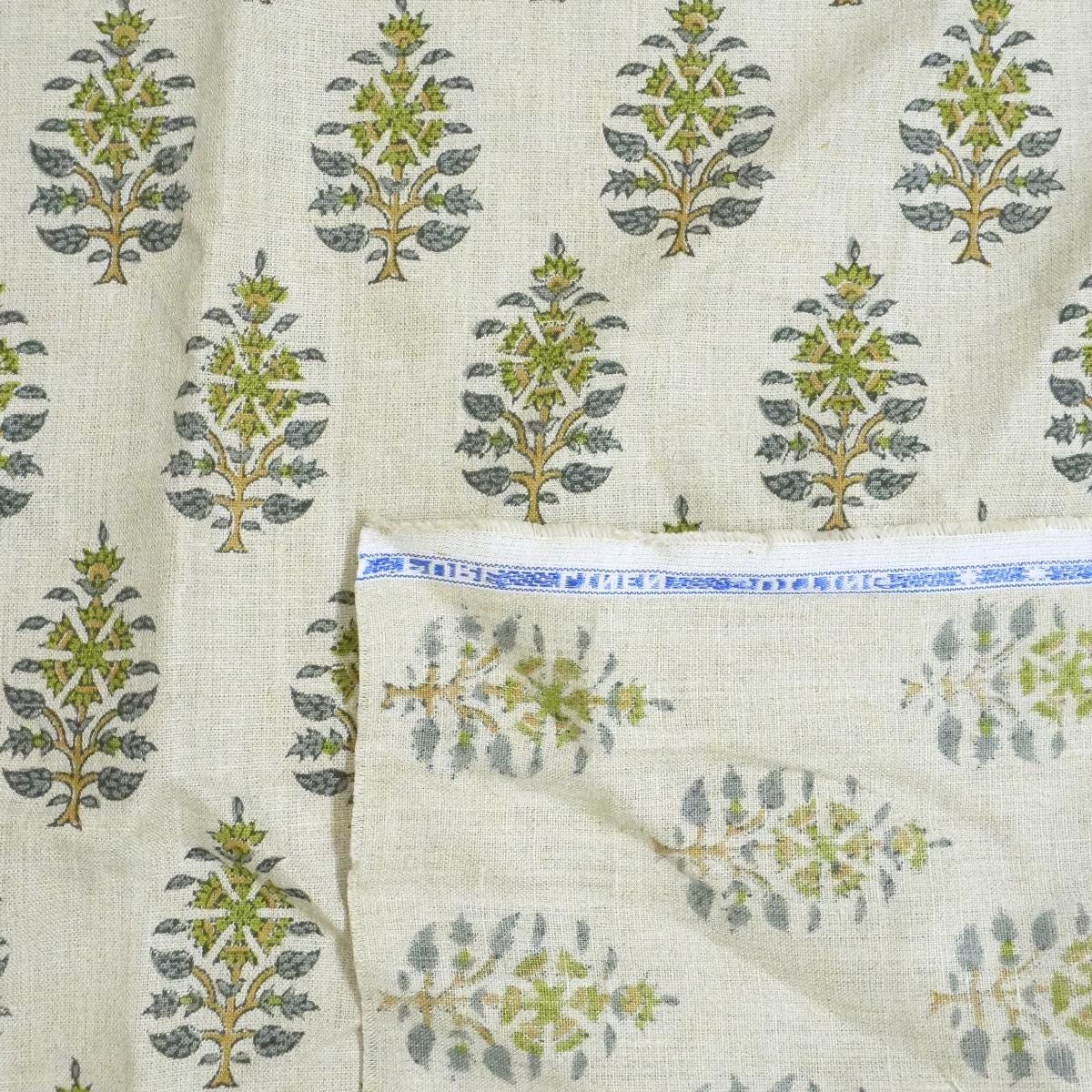 Handcrafted Pure Linen Green and Gray Leaf Floral Block Printed Fabric in Medium Weight Upholstery for Cushions - GULNAARI