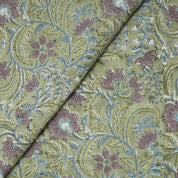 HANMADE BLOCK PRINTED ROSE GOLD AND GREEN FLORAL VISCOSE LINEN CUSHION FABRIC - KUNDANVAN