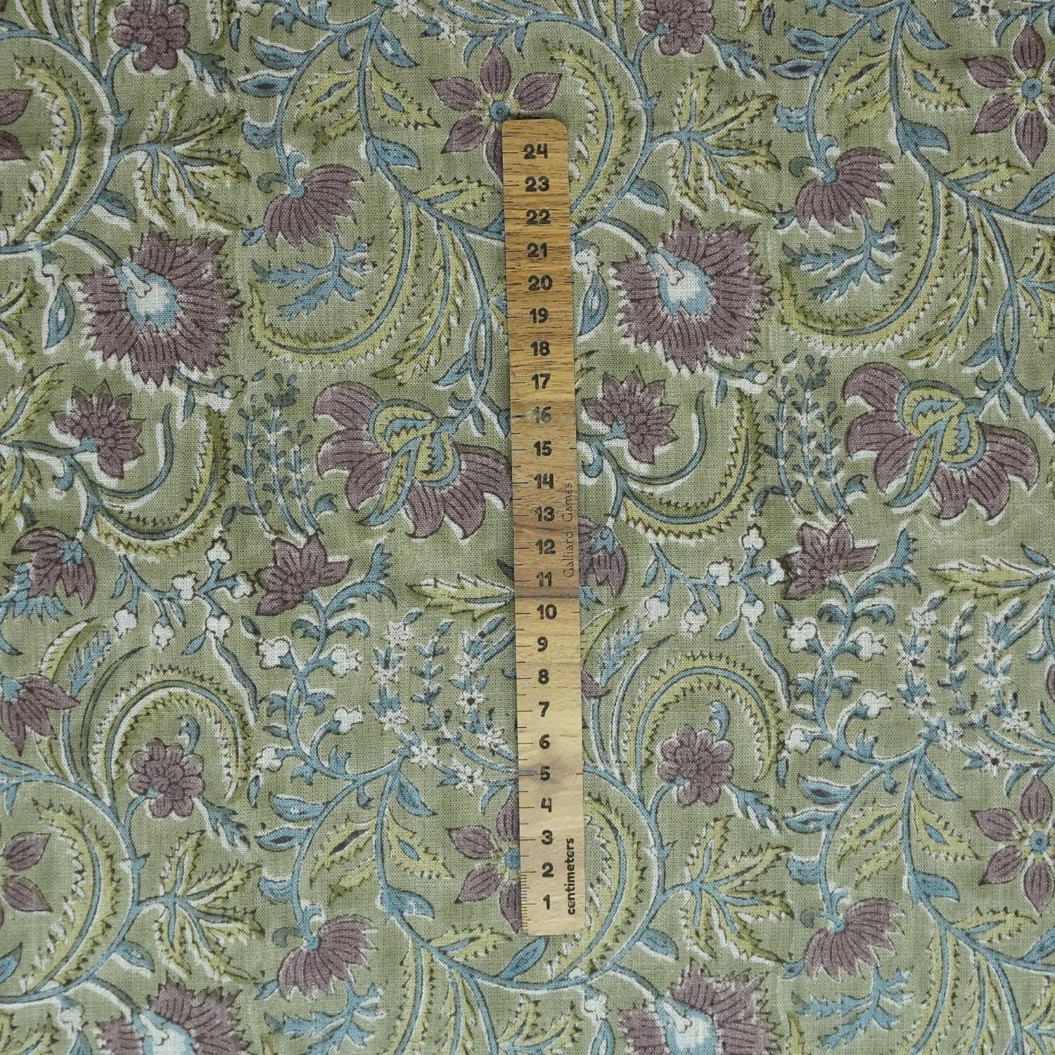 HANMADE BLOCK PRINTED ROSE GOLD AND GREEN FLORAL VISCOSE LINEN CUSHION FABRIC - KUNDANVAN