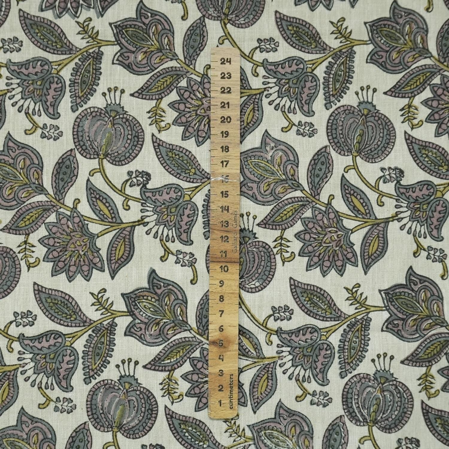 LINEN HAND BLOCK PRINT FLORAL HANDMADE LINEN BY THE YARD DRAPERY LINEN BLEND NATURAL - CUSTARD APPLE