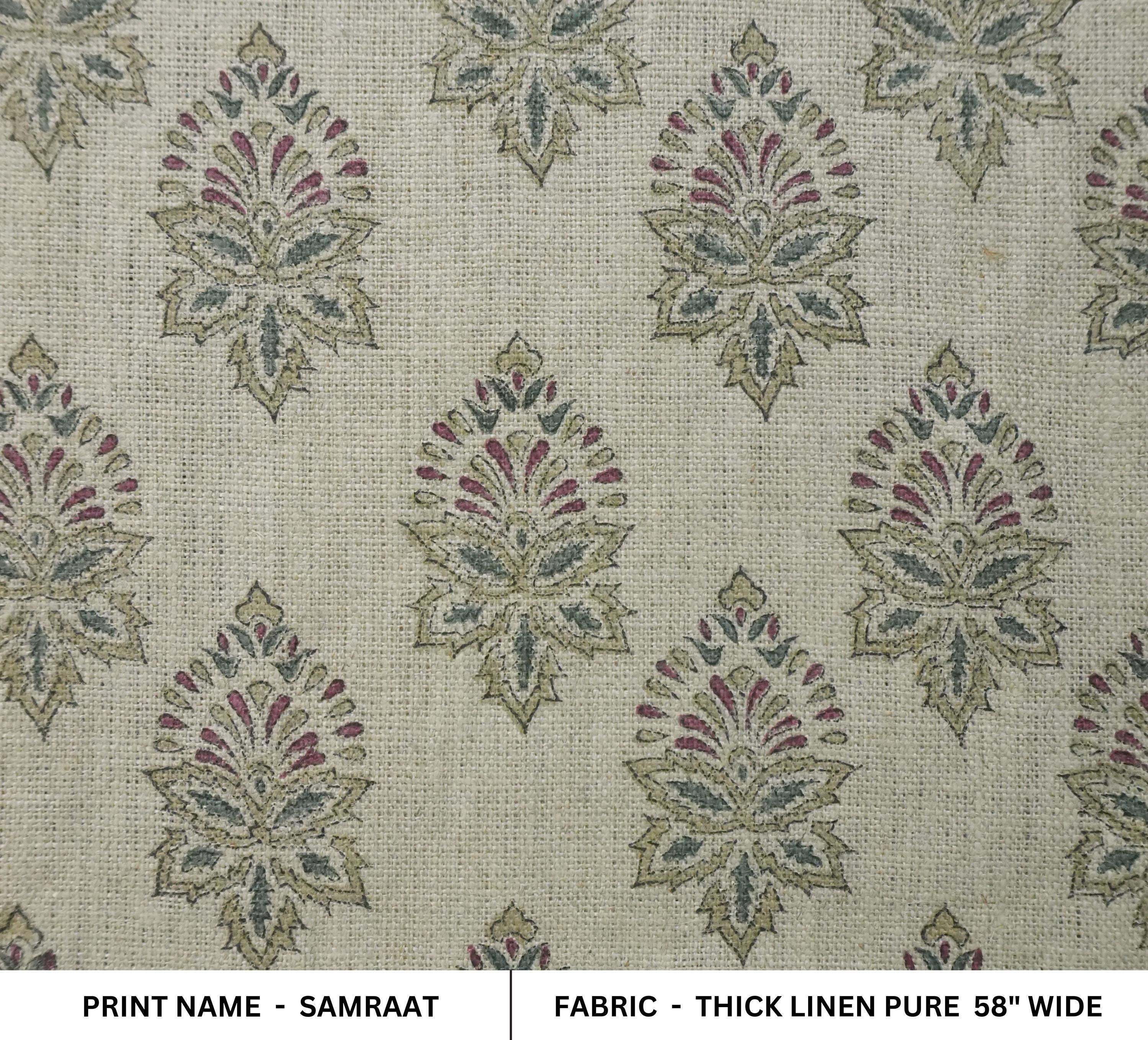 Linen Block Print Fabric 58 Inch Width Heavy Weight Linen Natural Base Color Curtains and Drapes Upholstery Handmade Art Pillow Covers Tablecloths and Runners Bedding Tote Bag Lampshades Napkins by Fabritual