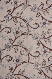 Traditional Handcrafted 100% Pure Linen Fabric with Brown Floral Block Printed for Curtains Indian Textiles – VARANASI