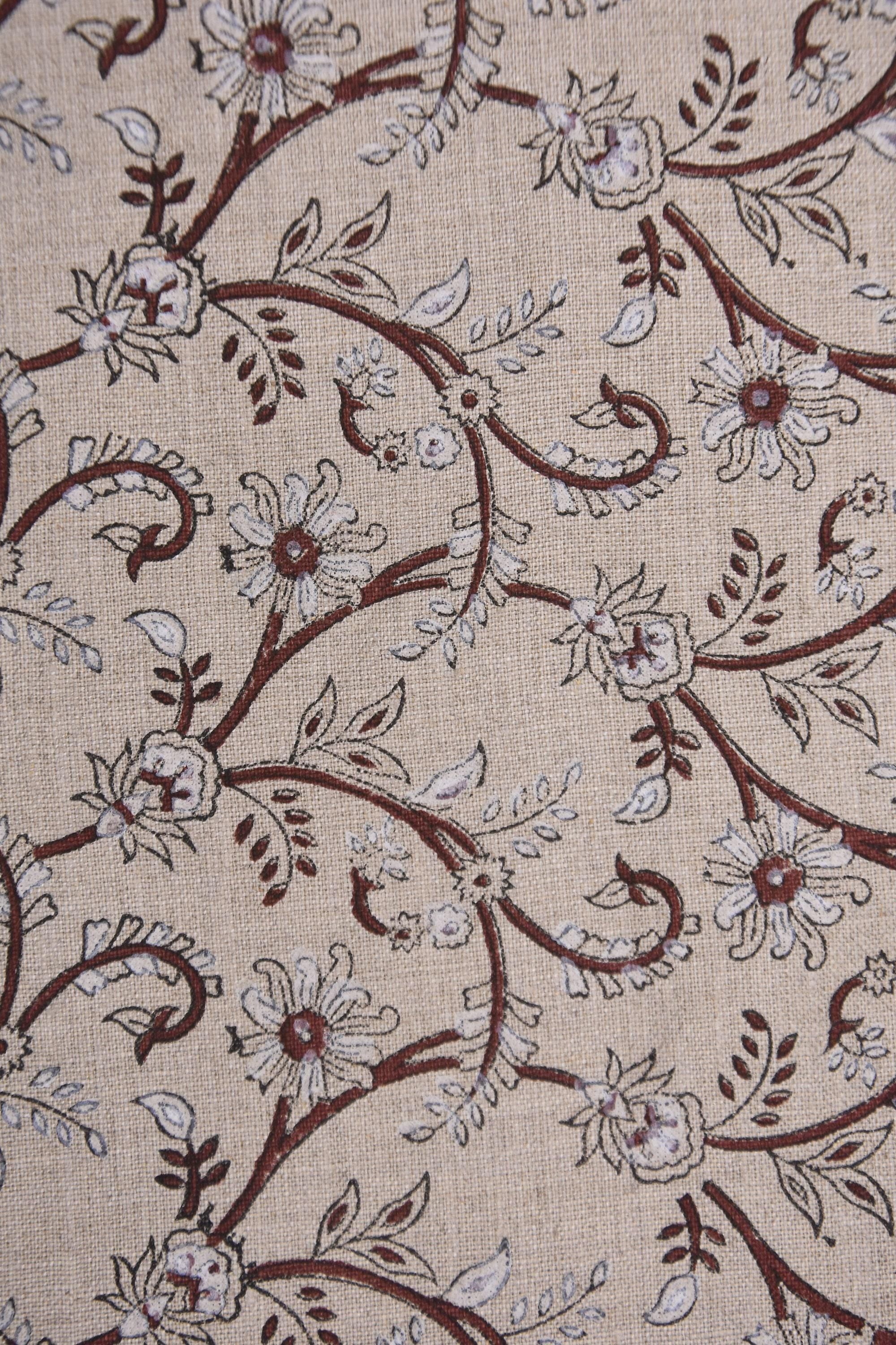 Traditional Handcrafted 100% Pure Linen Fabric with Brown Floral Block Printed for Curtains Indian Textiles – VARANASI