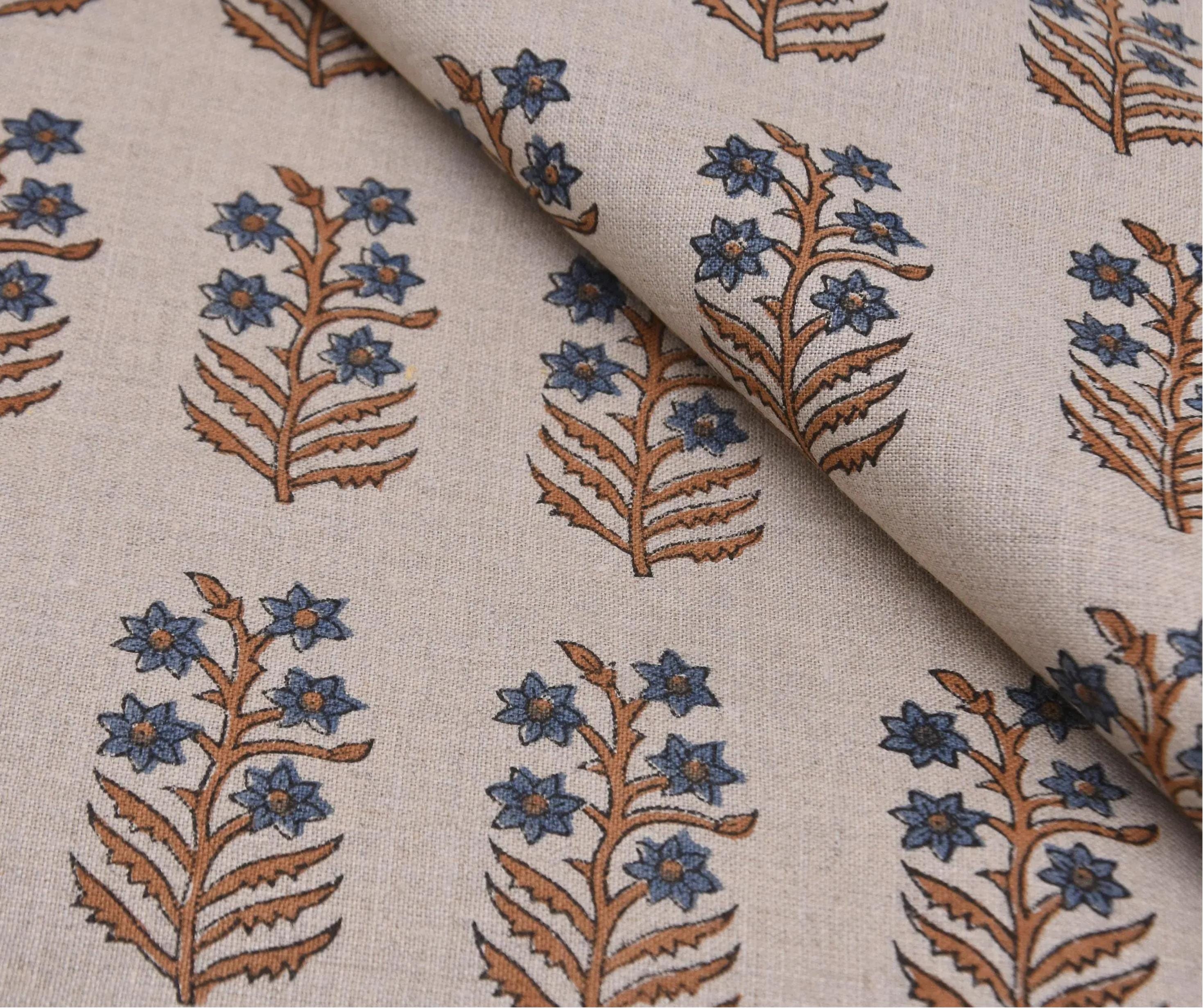 Linen Block Print Fabric 58 Inch Width Medium Weight Linen Natural Base Color Curtains and Drapes Upholstery Handmade Art Pillow Covers Tablecloths and Runners Bedding Tote Bag Lampshades Napkins by Fabritual