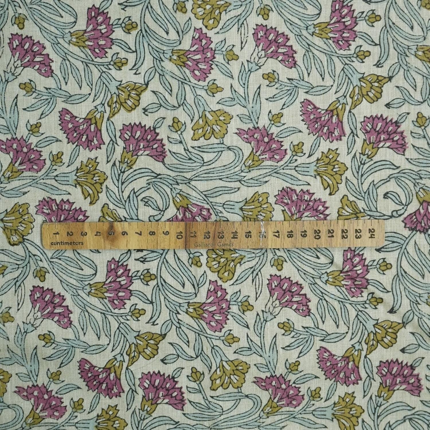 BLOCK PRINT FABRIC FOR TABLE CLOTH GREEN FLORAL HOME DECOR LINEN BLEND NATURAL - THORNY STEMS