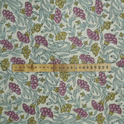 BLOCK PRINT FABRIC FOR TABLE CLOTH GREEN FLORAL HOME DECOR LINEN BLEND NATURAL - THORNY STEMS