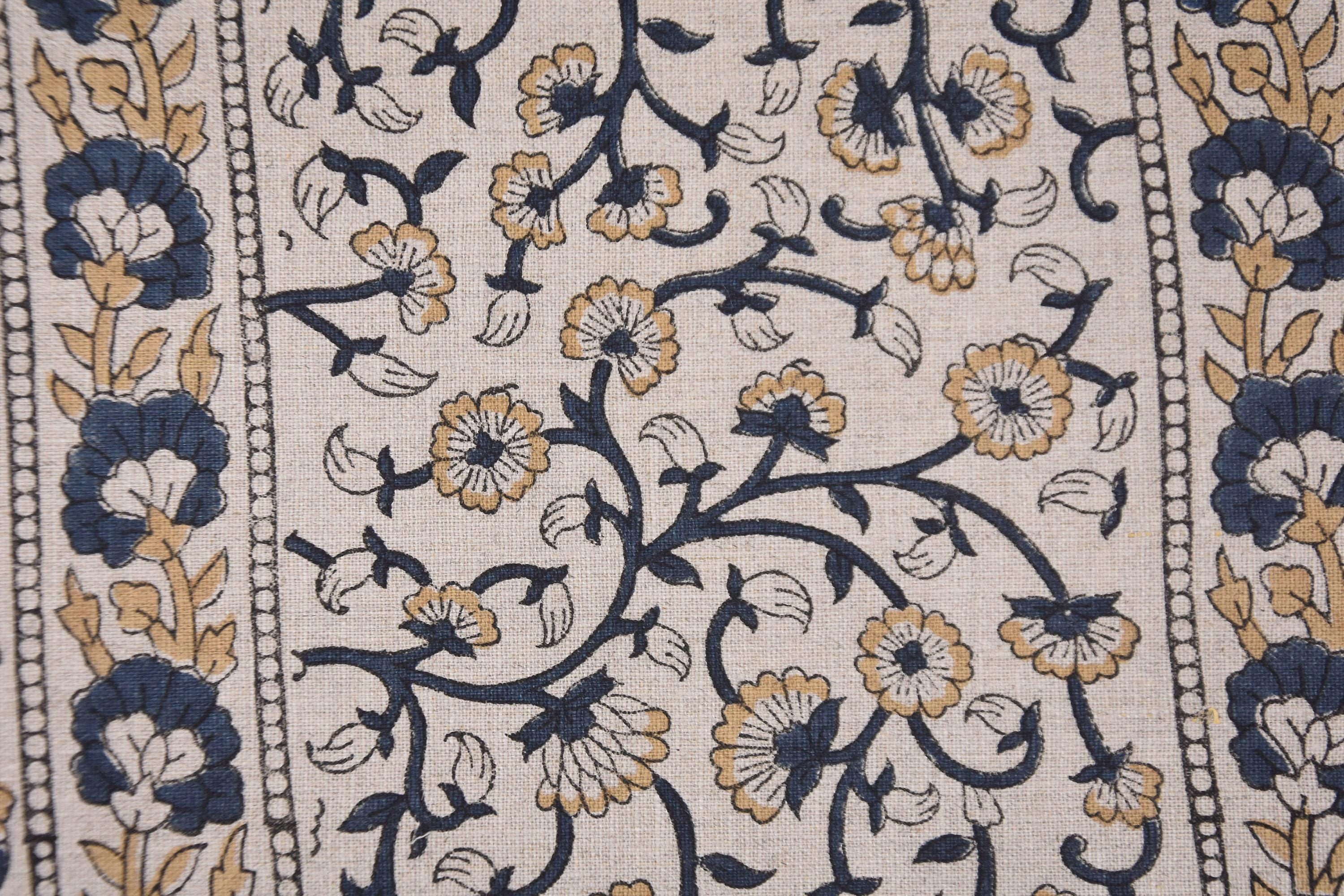 Linen Block Print Fabric 58" Width Medium Weight Linen Natural Base Color Upholstery Pillow Covers Tablecloths and Runners Bedding Tote Bag Lampshades Napkins by Fabritual