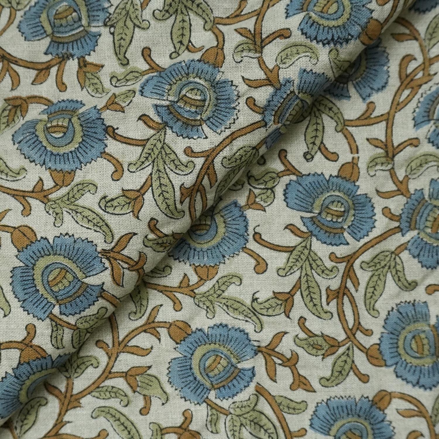 Linen Block Print Fabric 58 Inch Width Medium Weight Linen Natural Base Color Curtains and Drapes Upholstery Handmade Art Pillow Covers Tablecloths and Runners Bedding Tote Bag Lampshades Napkins