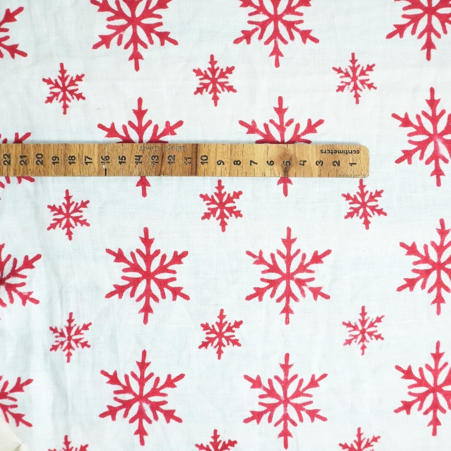 INDIAN HAND BLOCK PRINTED PURE WHITE LINEN FLORAL DECORATIVE FABRIC - RED SPARKLE