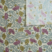 BLOCK PRINT FABRIC FOR TABLE CLOTH GREEN FLORAL HOME DECOR LINEN BLEND NATURAL - THORNY STEMS