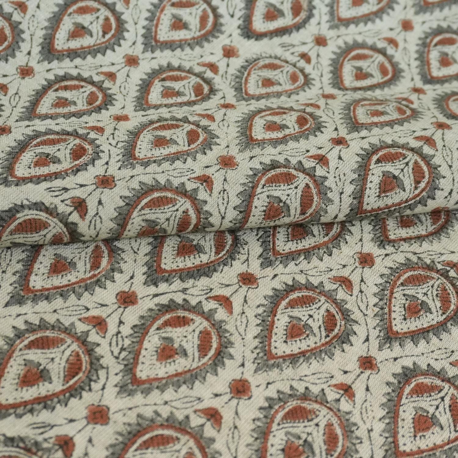 Soft viscose linen fabric, earthy Indian print for pillow covers and upholstery, Indian floral motif on viscose linen, handmade for chair covers and tablecloths, Boho Indian block printed cotton mix fabric for couch and decorative napkins.