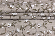 Boho-style floral print on thick linen for Indian handmade napkins and drapes, Floral Indian design on heavy linen for chair upholstery and living room decor, Indian floral print on thick linen, ideal for farmhouse curtains and pillows.