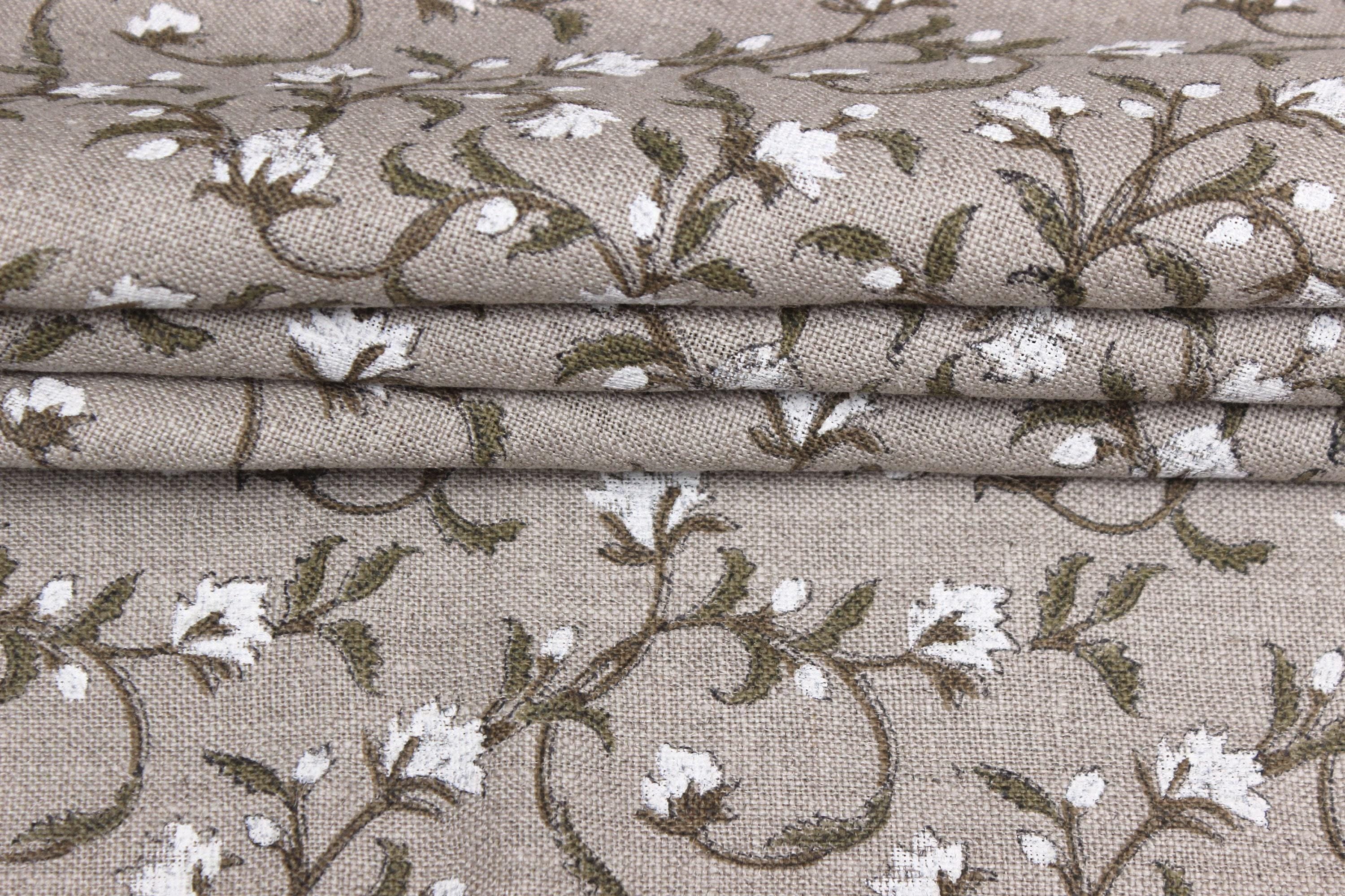 Boho-style floral print on thick linen for Indian handmade napkins and drapes, Floral Indian design on heavy linen for chair upholstery and living room decor, Indian floral print on thick linen, ideal for farmhouse curtains and pillows.