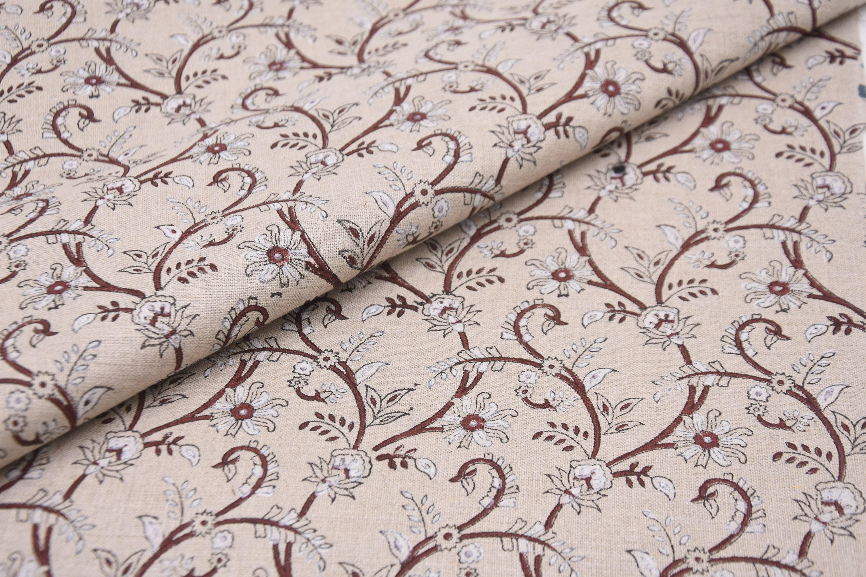 Traditional Handcrafted 100% Pure Linen Fabric with Brown Floral Block Printed for Curtains Indian Textiles – VARANASI