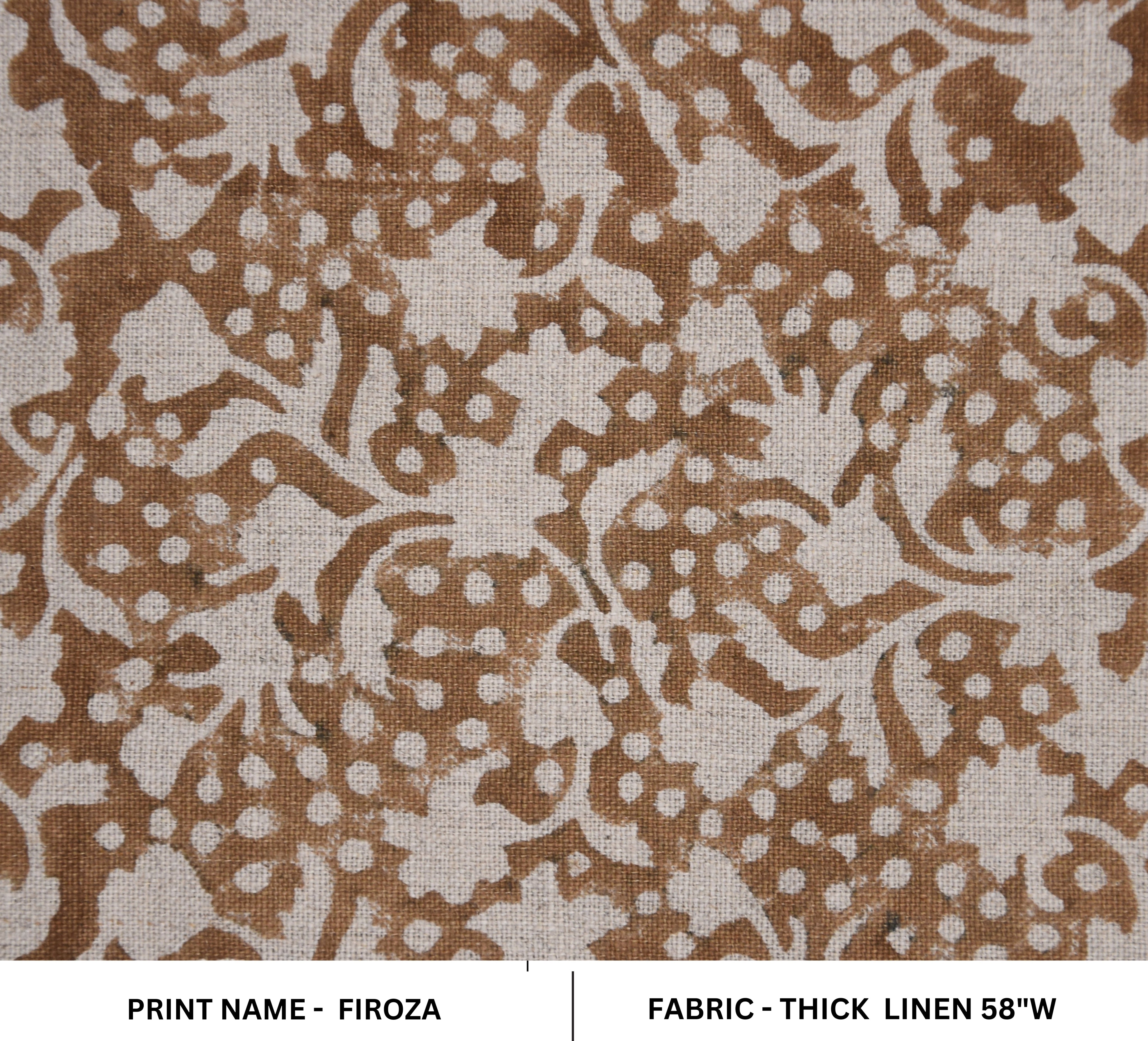 Thick Linen 58" Wide, Block Print, Indian printed fabric, home decor Linen by the yard, upholstery, Pillow cover - Firoza Brown