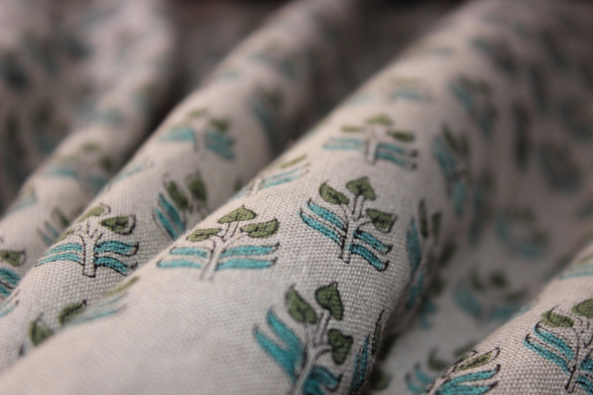 Alia Green  Linen Home Decor, Indian Hand Block Print Linen Fabric, Extra Wide Linen, Linen For Upholstery Works, Linen Curtains.