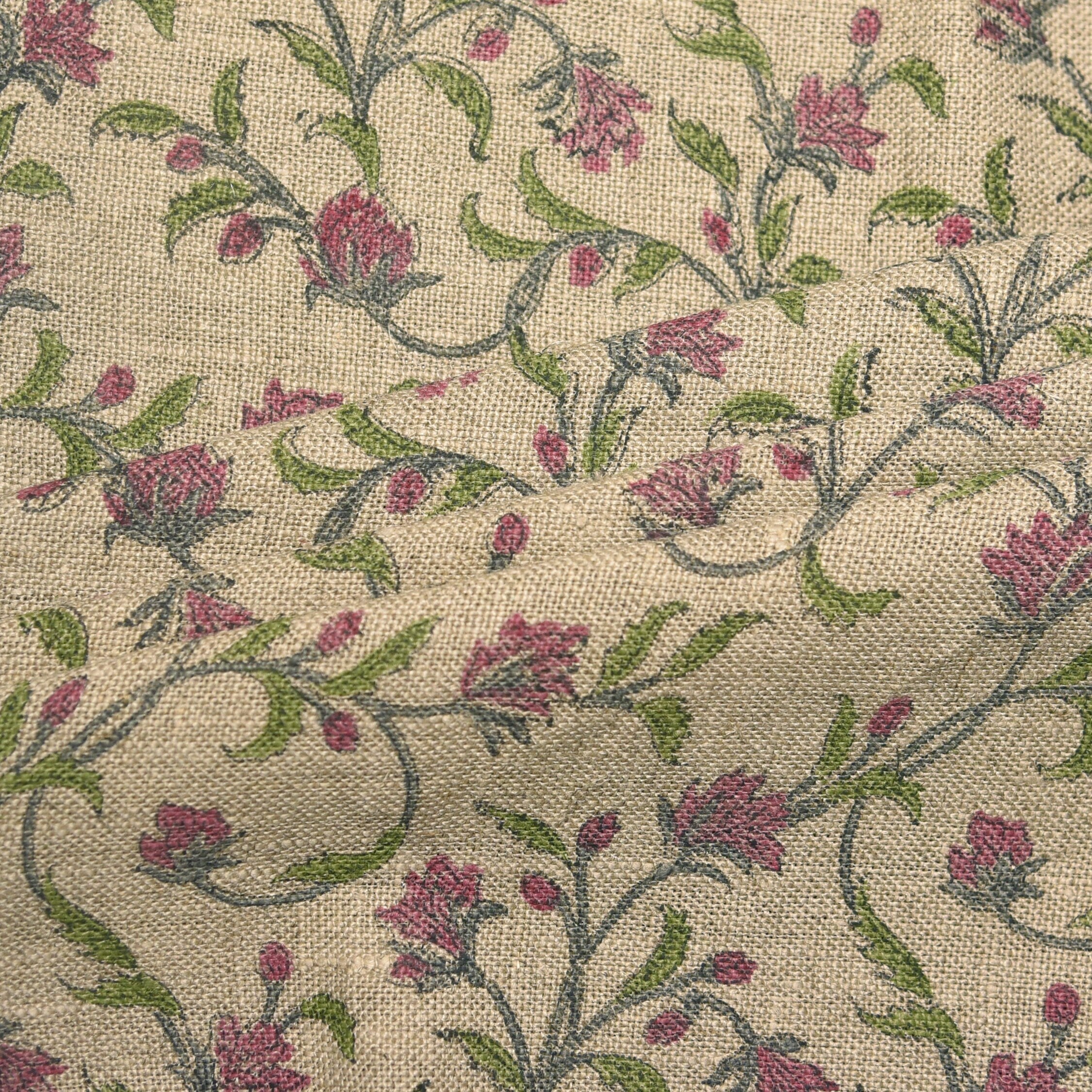 Block Print Linen Fabric, Pushpvarsha  Floral Linen Fabric, Indian Block Print  Hand Blocked Upholstery Fabric, Running Fabric Home Decors Pillow Cases