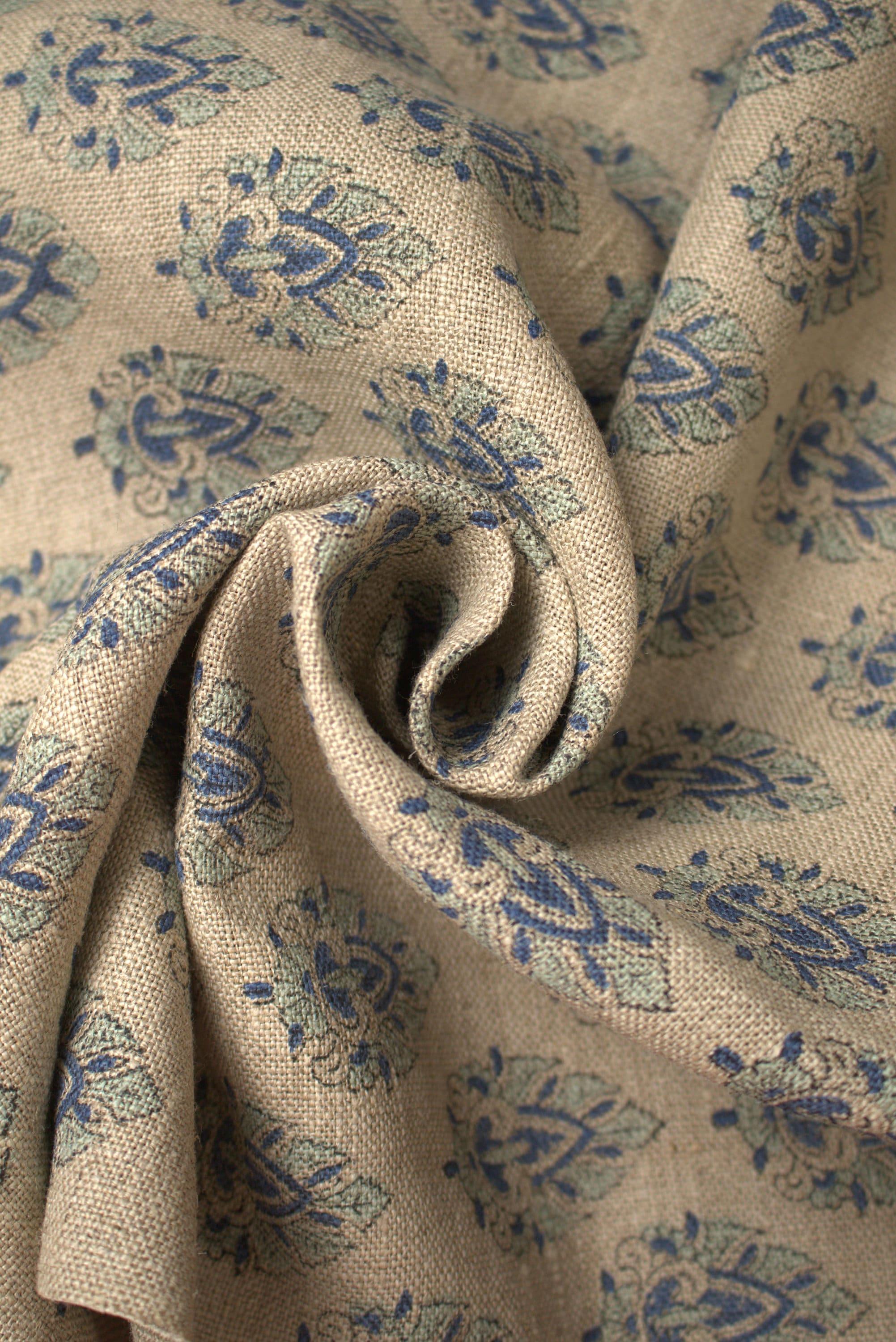 Betel Leaf B  Floral Block Print Fabric, Linen Upholstery Fabric, Fabric For Pillow Covers