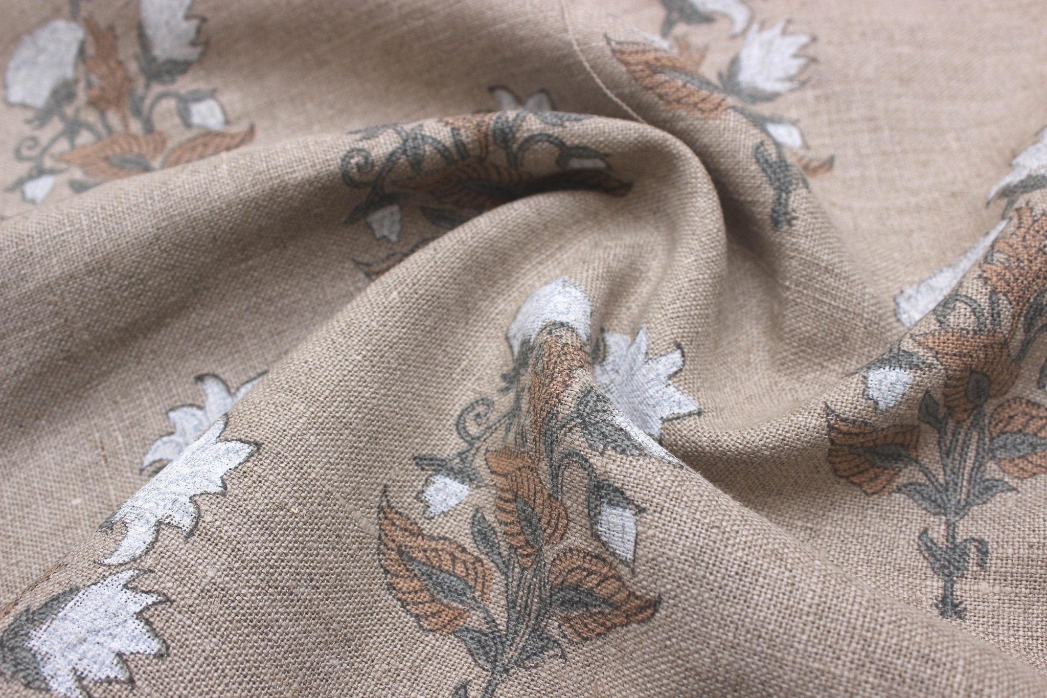 Abhishek   Natural Thick Linen  Block Print Running Fabric Pillow Covers, Hand Block Upholstery