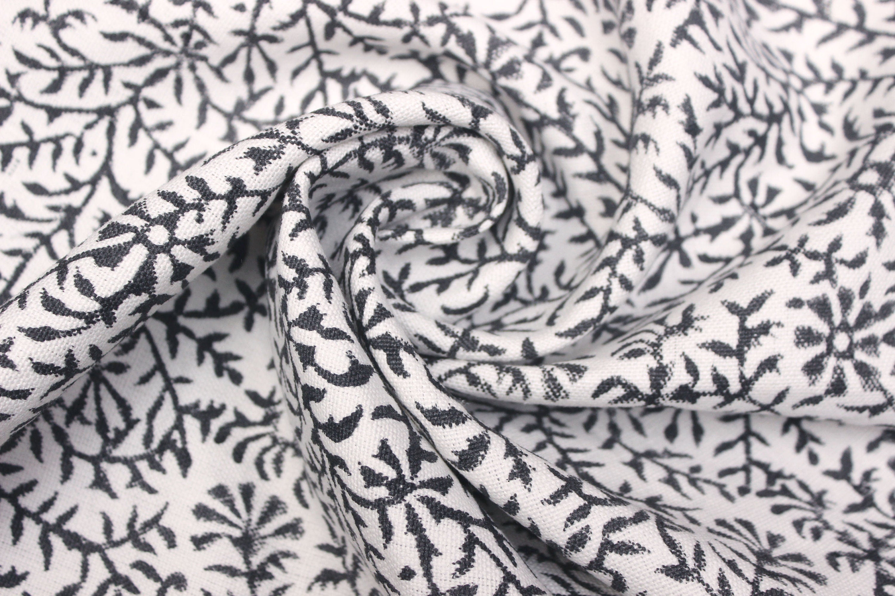Junglee Ghass  Block Print Fabric Black & White, Indian Fabric Linen Fabric, Block Printed Pillow Covers, Leaf Floral Upholstery Fabric