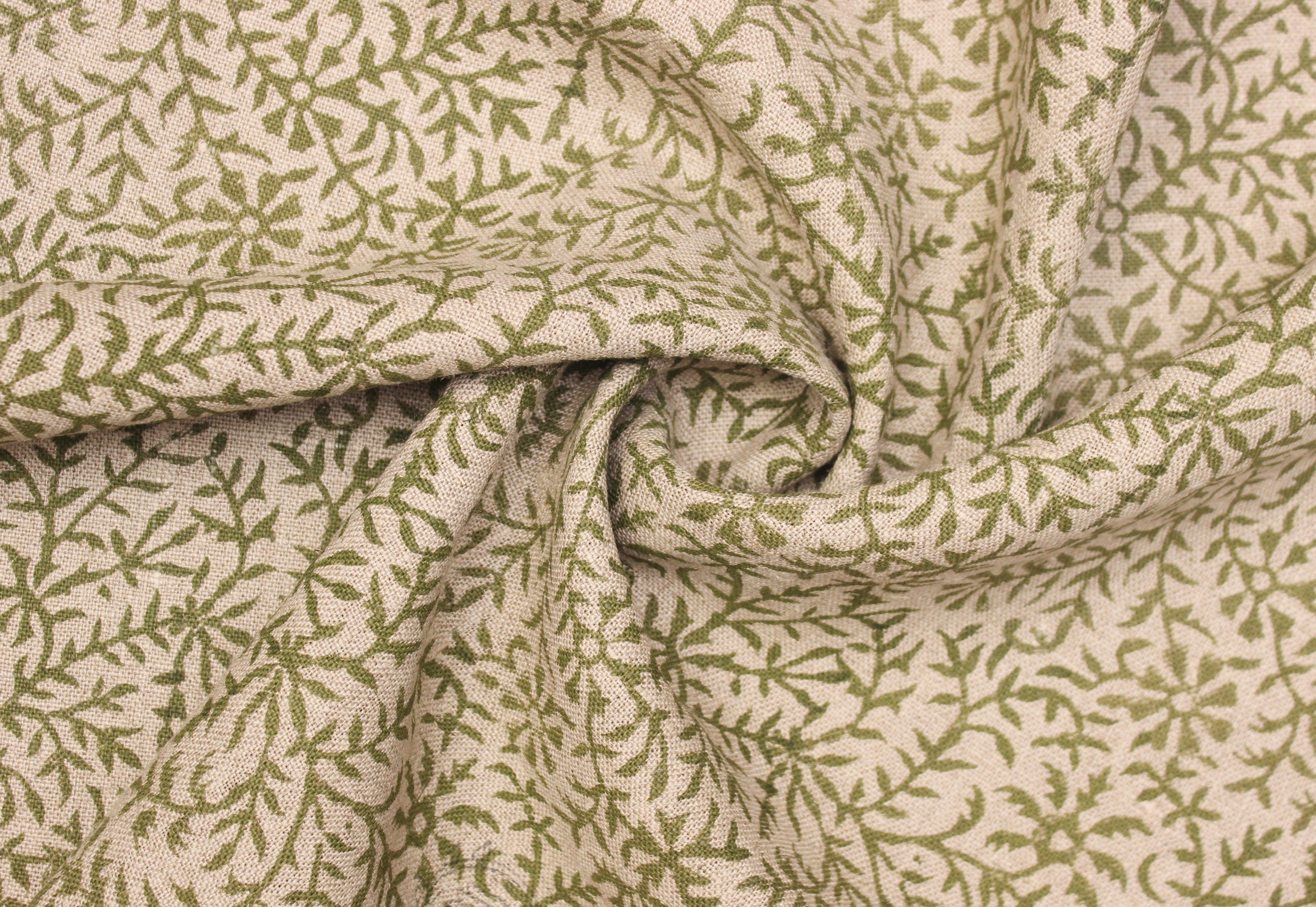 Junglee Ghass Linen  Olive Green Indian Hand Block Printed Fabric, Linen Block Print Pillow Cover