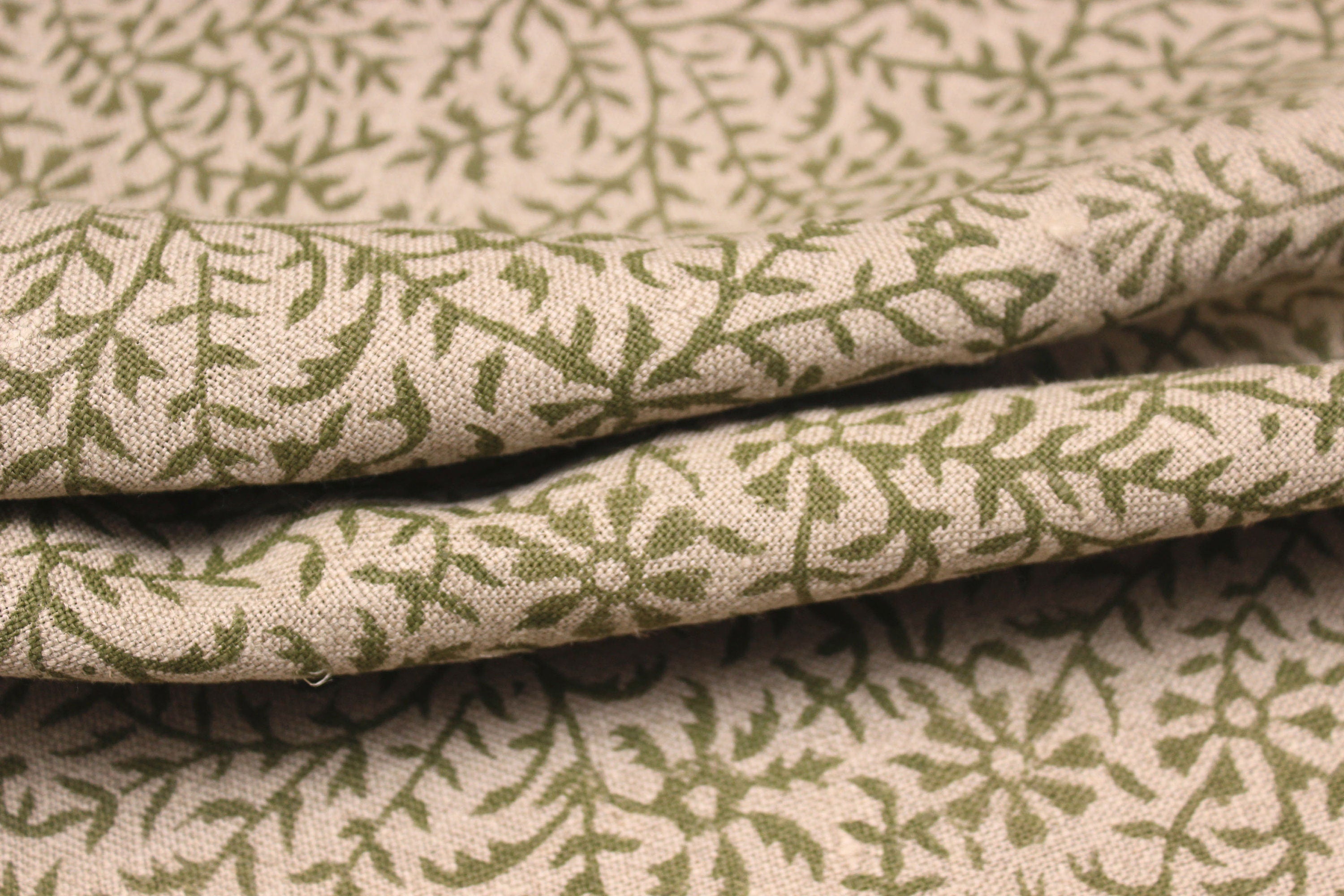 Junglee Ghass Linen  Olive Green Indian Hand Block Printed Fabric, Linen Block Print Pillow Cover