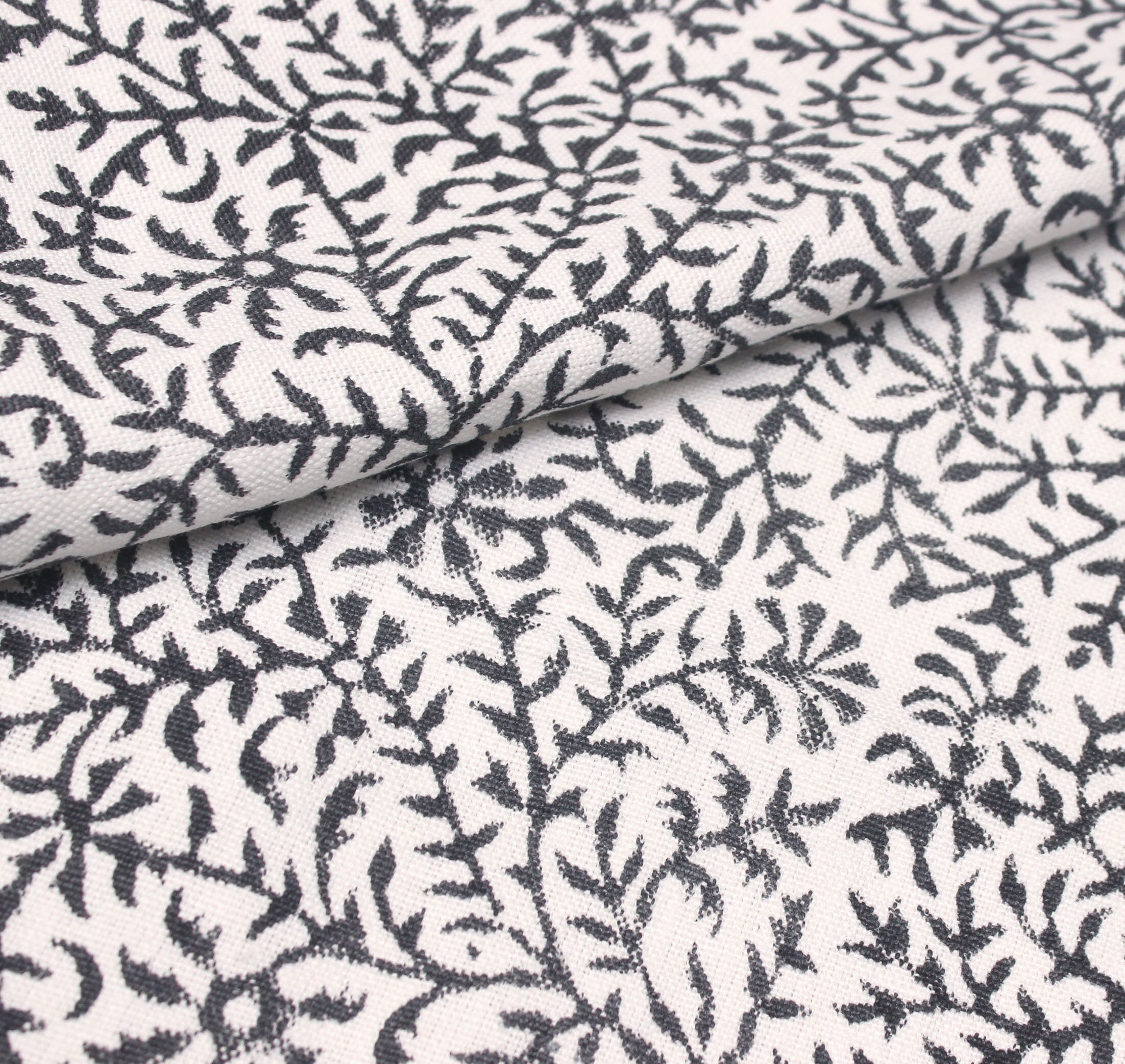 Junglee Ghass  Block Print Fabric Black & White, Indian Fabric Linen Fabric, Block Printed Pillow Covers, Leaf Floral Upholstery Fabric