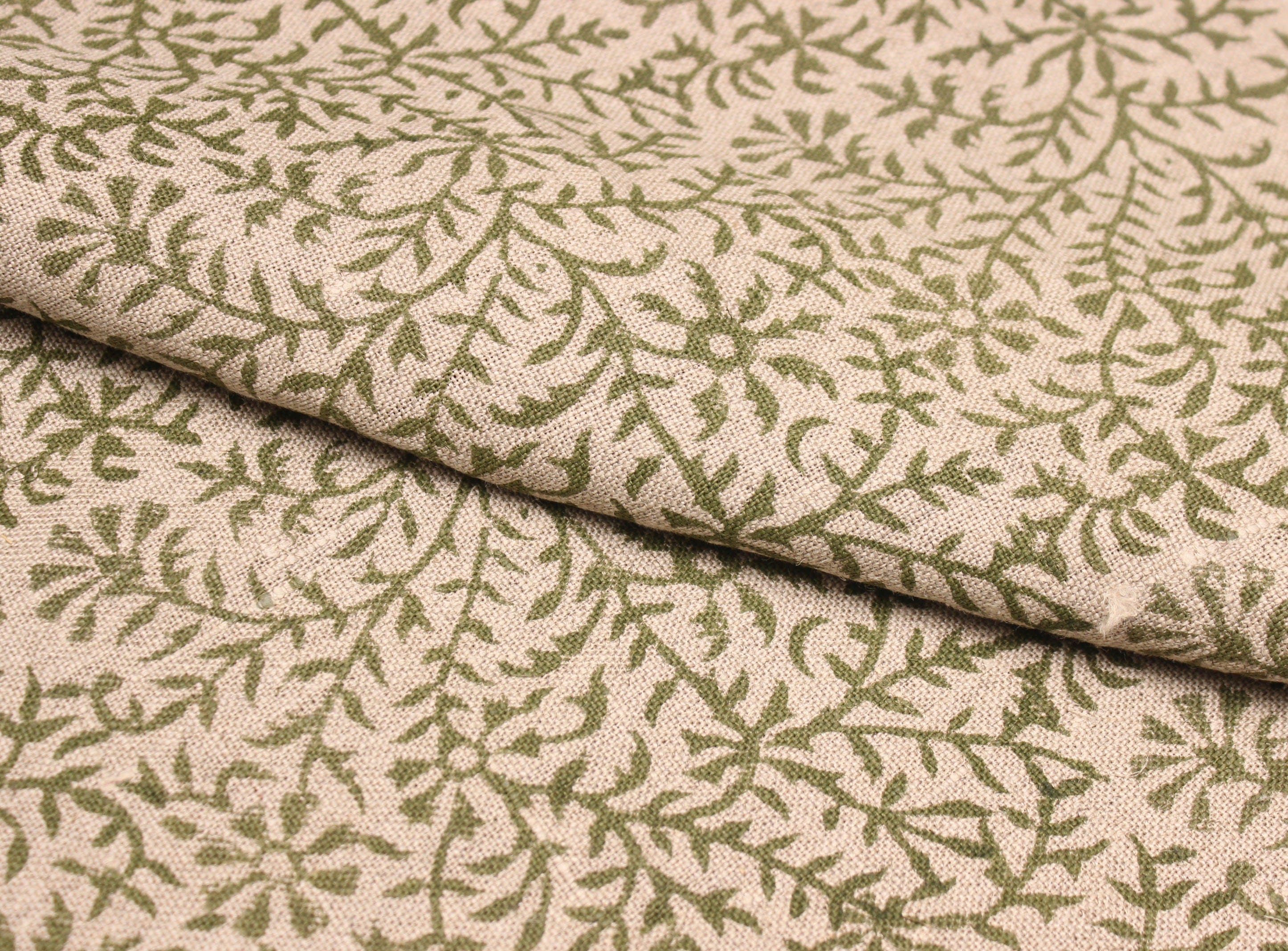 Junglee Ghass Linen  Olive Green Indian Hand Block Printed Fabric, Linen Block Print Pillow Cover