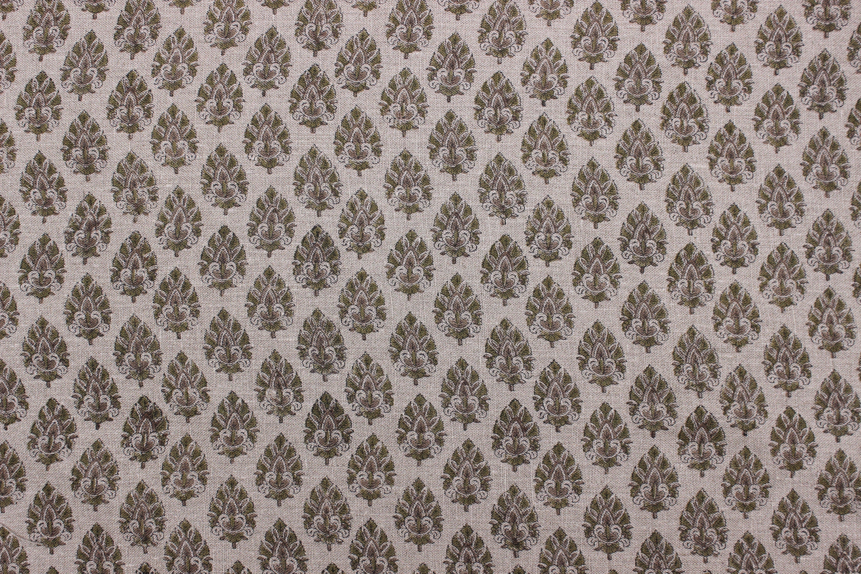Hand block print, Thick Linen 58" Wide, Indian fabric, Floral Print, Linen Fabric By The Yard, Natural Linen - Betel Leaf