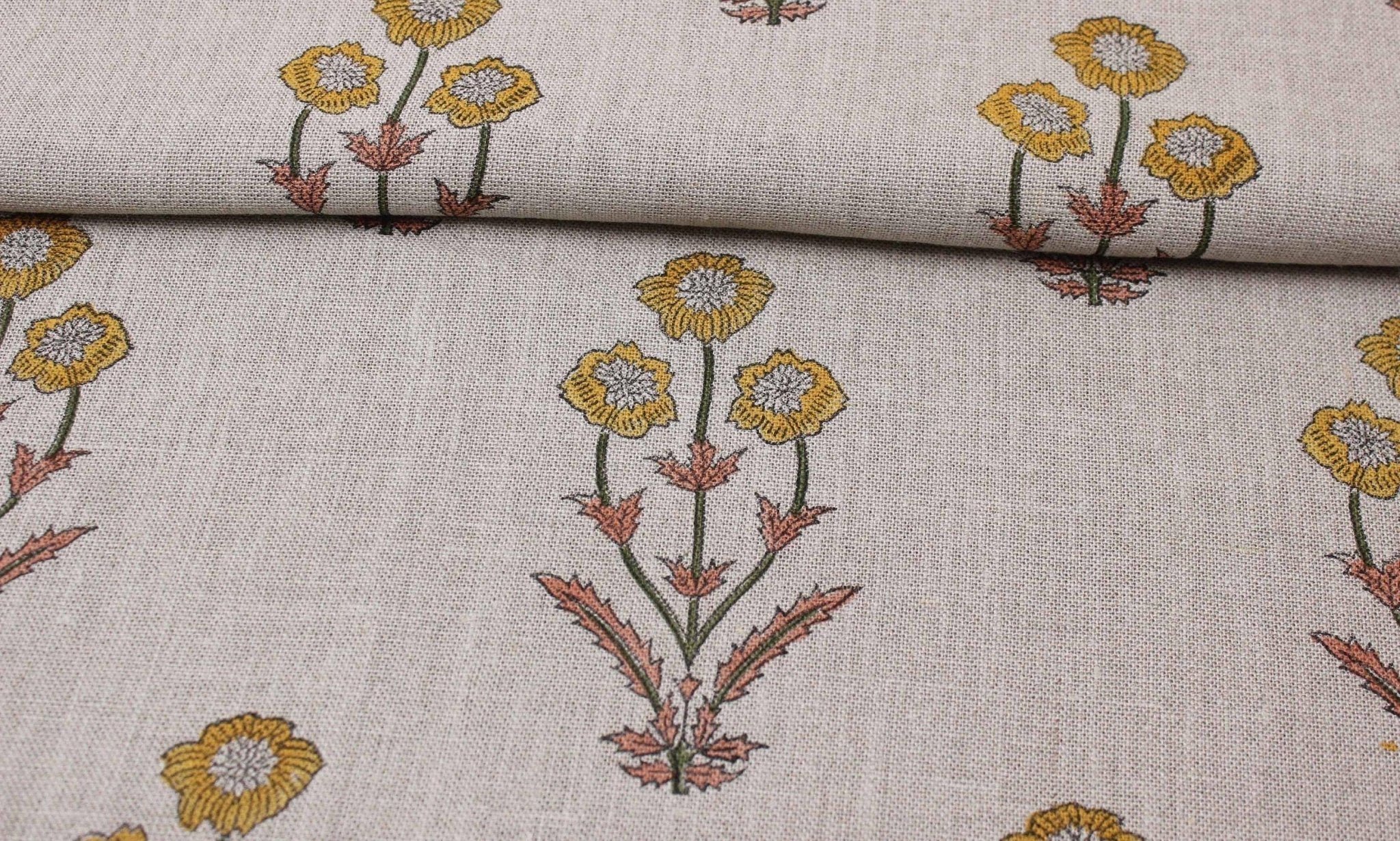 Amitabh Flower  Block Print Linen Fabric  Printed Linen Fabric By Fabritual  Floral Linen Fabric Block Print Fabric Upholstery Fabric