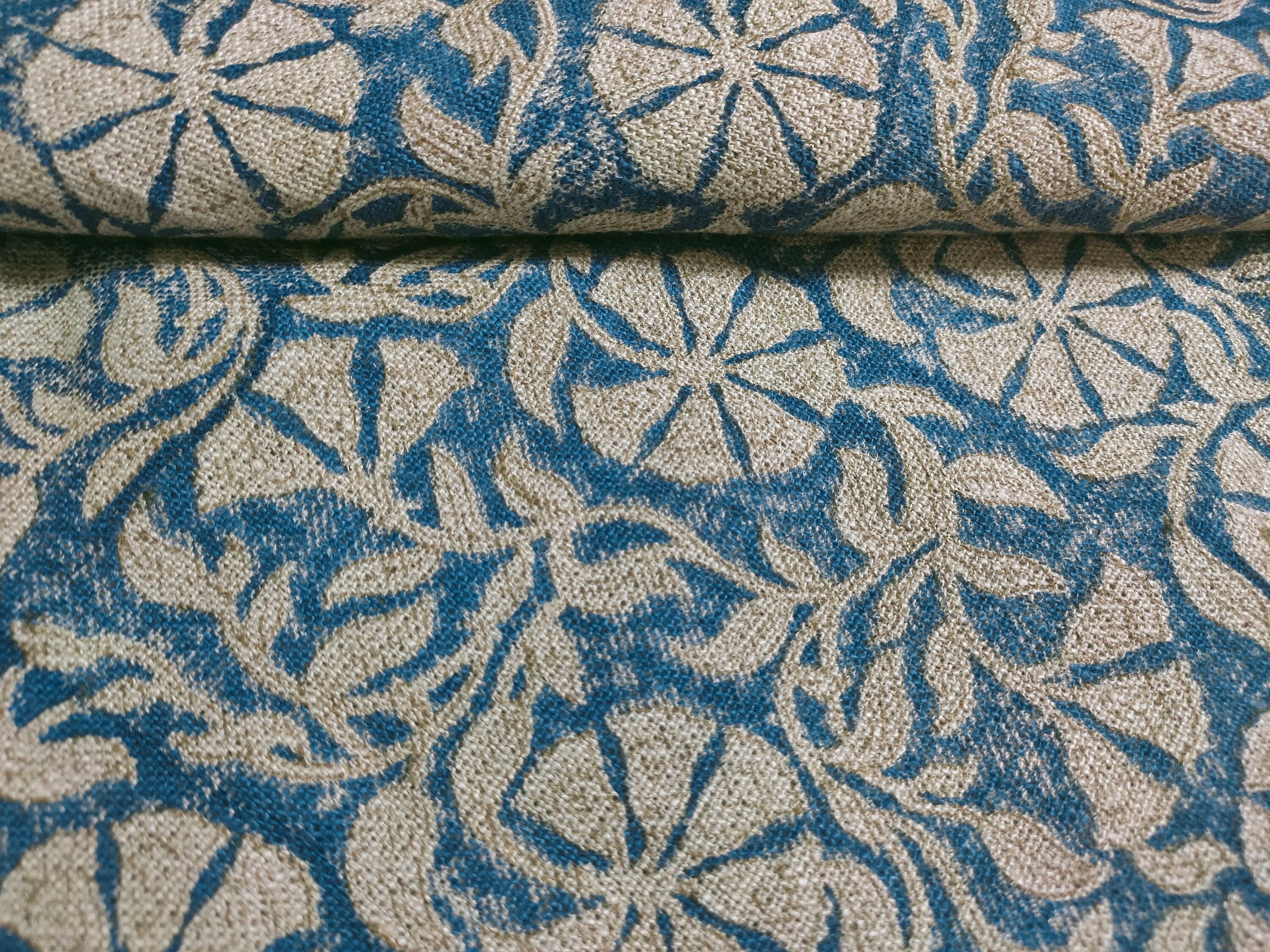 Block Print Linen Fabric, Rudraksha Skyblue  Block Print Fabric, Linen Fabric By The Yard, Flower Printed Fabric For Pillow Cover Making, Upholstery Linen Fabric
