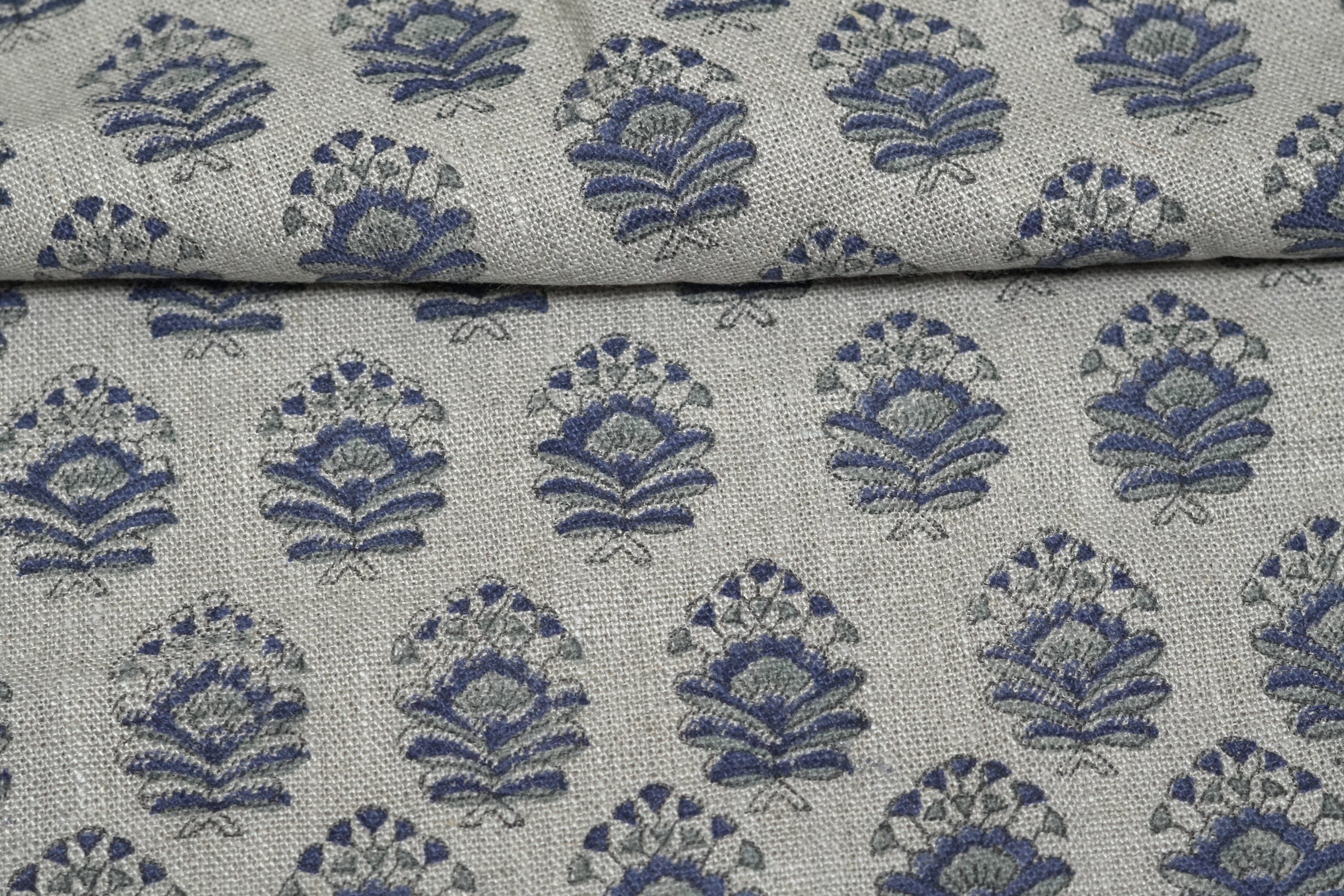 Bheeshma  Linen Indian Block Print Fabric, By The Yard Length58"Wide, Pillow Cover Cases, Heavy Linen Upholstery