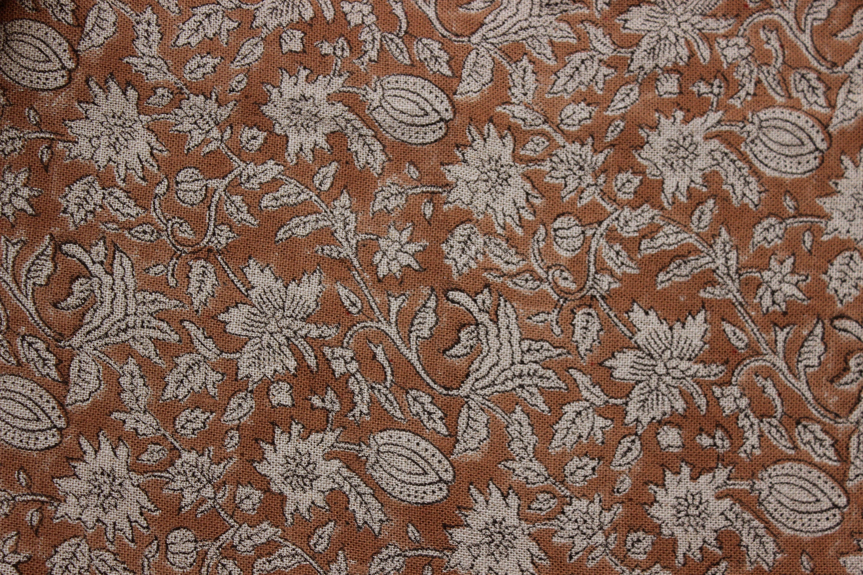 Block Print Linen Fabric, Manikarnika  Handloom Linen Fabric, Block Print Thick Linen Fabric  Brown Floral Block Print Fabric  Linen By The Yard