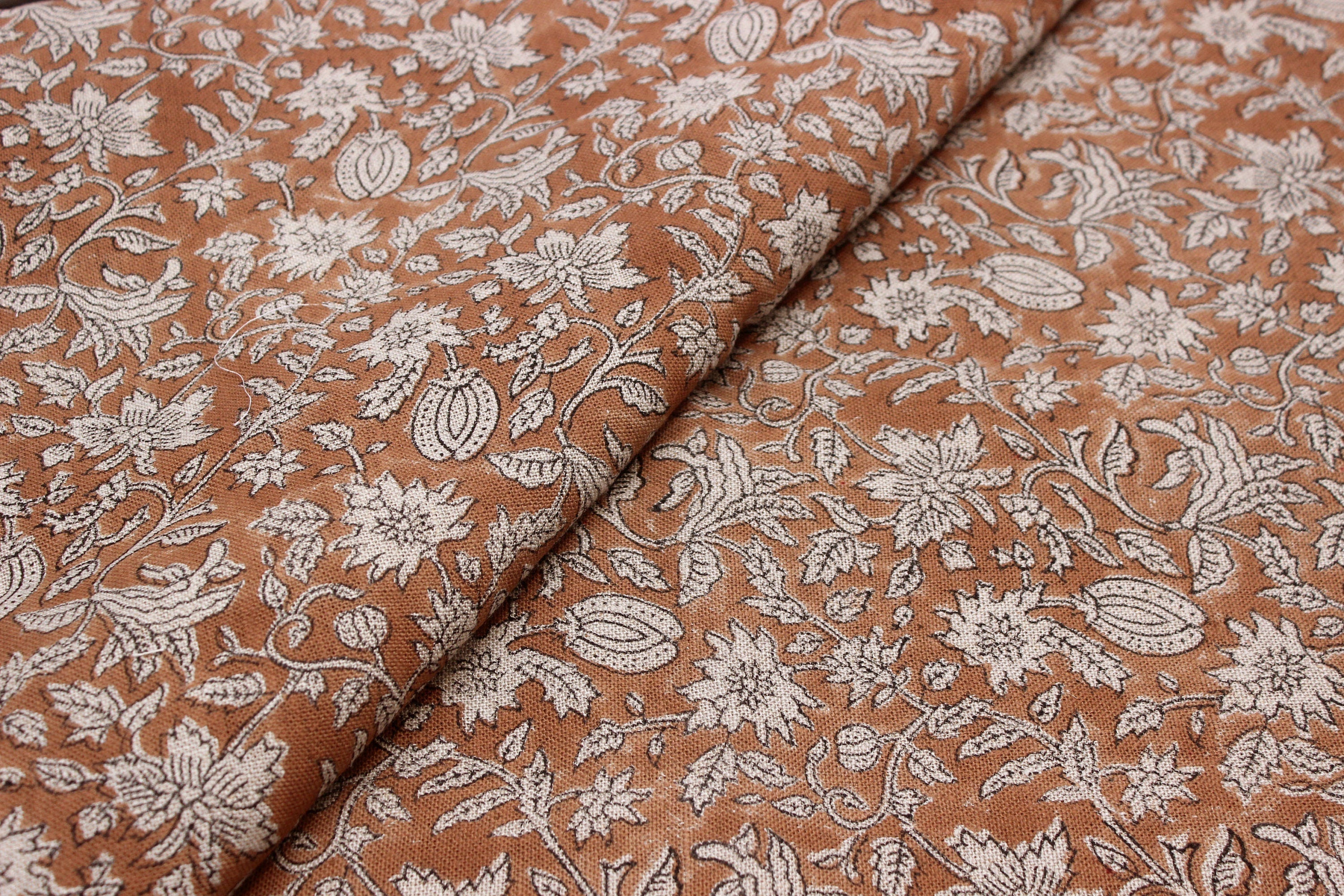 Block Print Linen Fabric, Manikarnika  Handloom Linen Fabric, Block Print Thick Linen Fabric  Brown Floral Block Print Fabric  Linen By The Yard