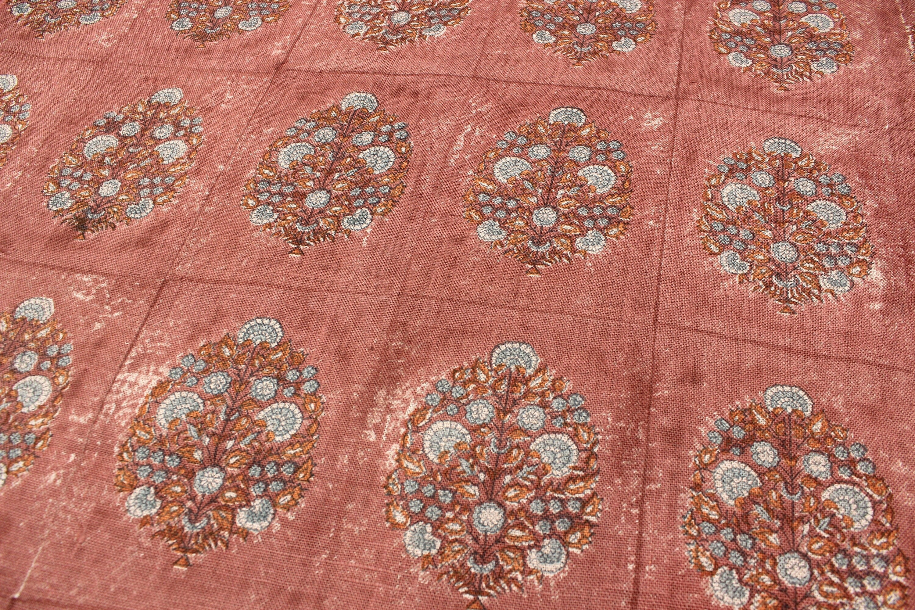 Guldasta  By The Yard Block Print Fabric For Pillow Covers, Printed Upholstery Linen Fabric, Indian Fabric, Farmhouse Decor Fabric