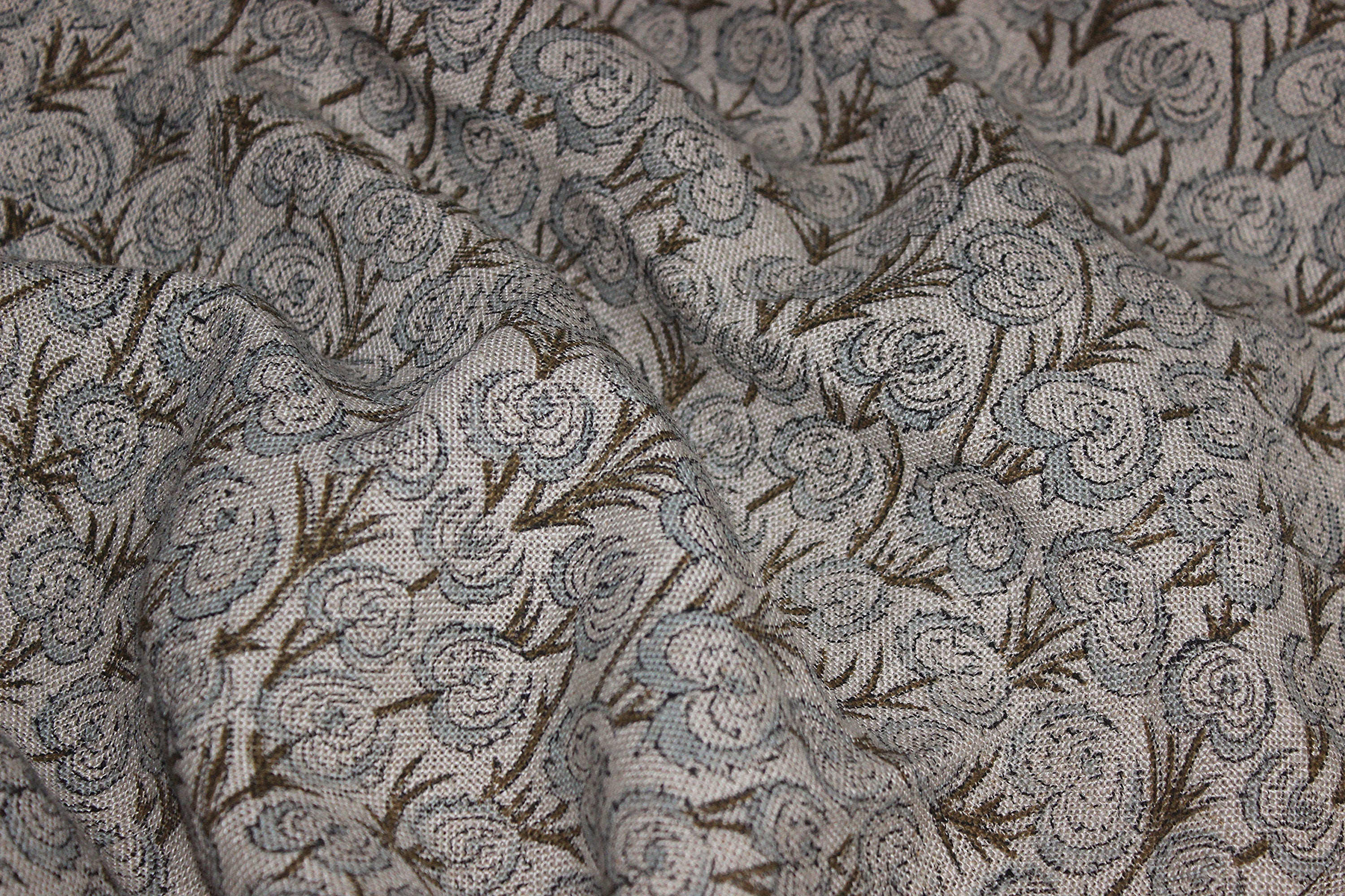HAND BLOCK PRINTED HEART VINE FLORAL FABRIC – BROWN & SILVER ON THICK LINEN ELEGANT