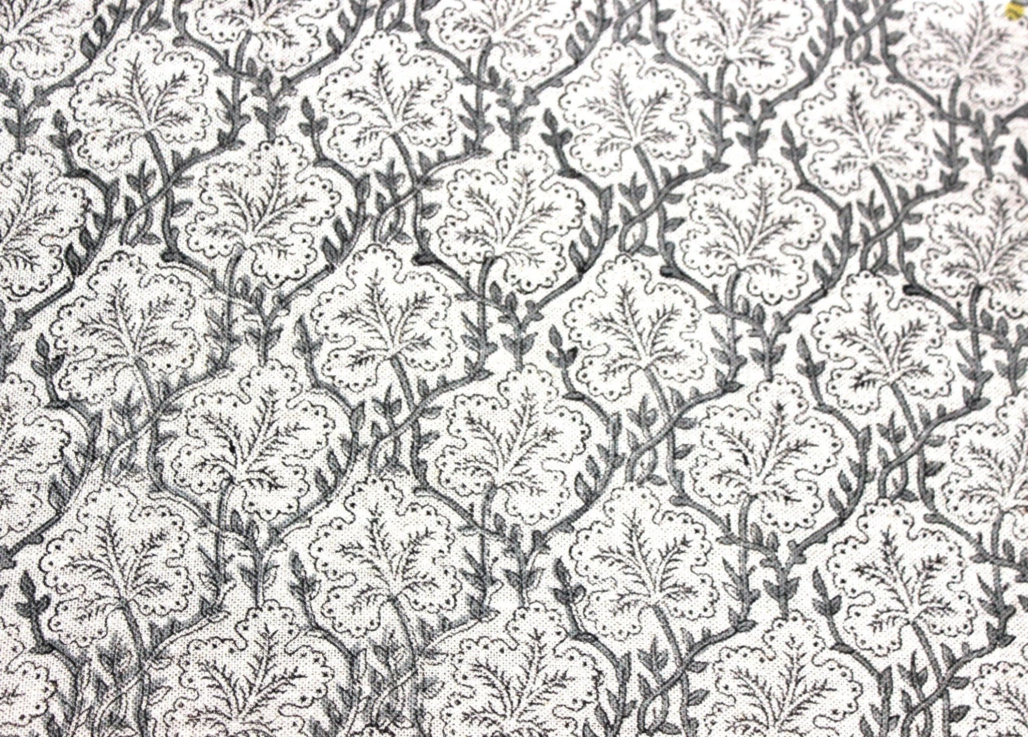 Block Print Linen Fabric, Pushp Samhita   Pillow Cover Fabric Linen, Hand Block Printed, Gray Papaya Leaf Print, Linen Upholstery Fabric, Designer Fabric
