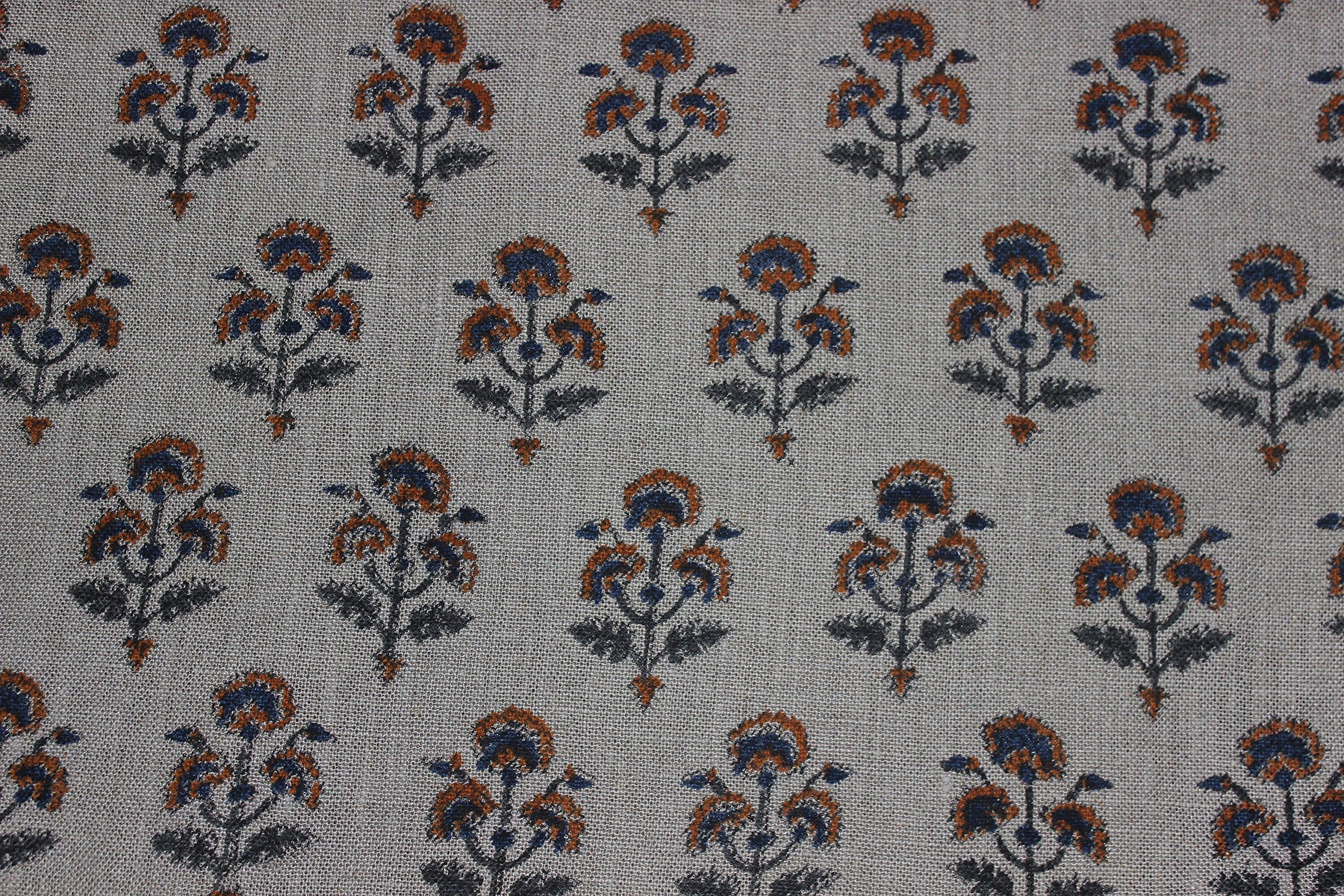 Botanicalblock Print Handloom Linen Fabric Heavy Linen Fabric Block Print Upholstery Fabric, Pillow Cover Fabric, Curtain Linen By The Yard