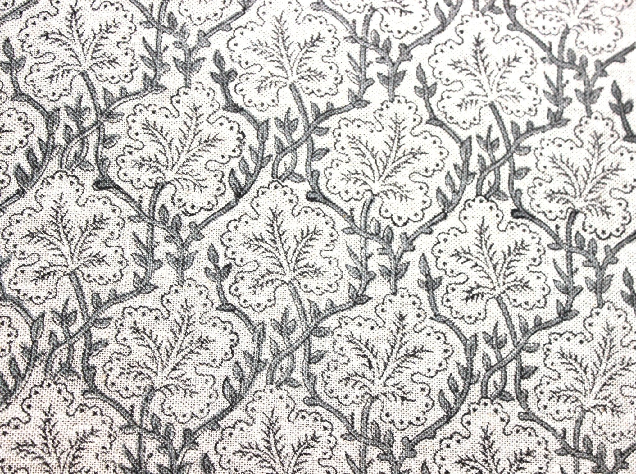 Block Print Linen Fabric, Pushp Samhita   Pillow Cover Fabric Linen, Hand Block Printed, Gray Papaya Leaf Print, Linen Upholstery Fabric, Designer Fabric