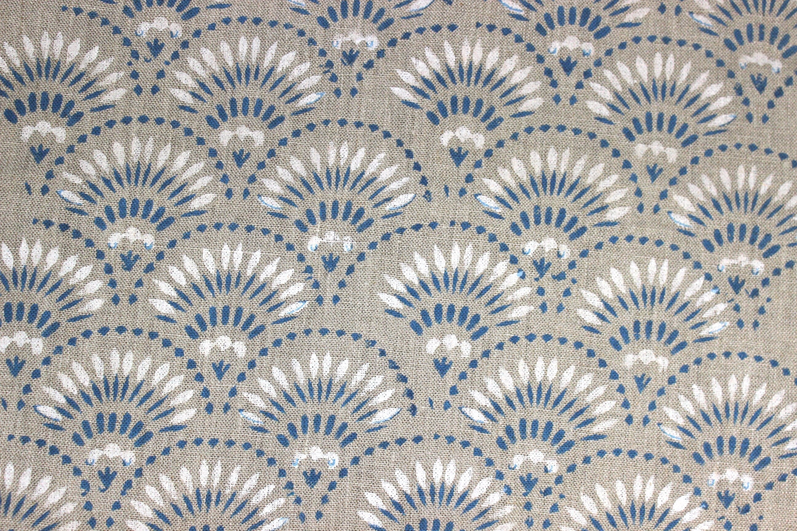 Block Print Linen Fabric, Shubharambh  Hand Block Indian Art On Heavy Handloom Linen Fabric, Upholstery&Pillow Cover Fabric By The Yard  Handmade With Natural Dyes