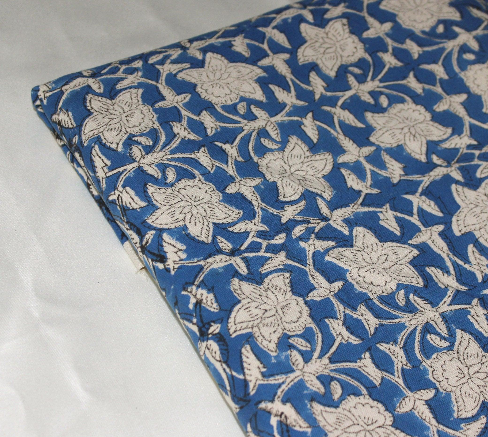 Azure Sky  Indian Handmade Block Print Art On Pure Linen & Cotton Fabrics, Floral Design Running Fabric For Home Decors Upholsterypillows
