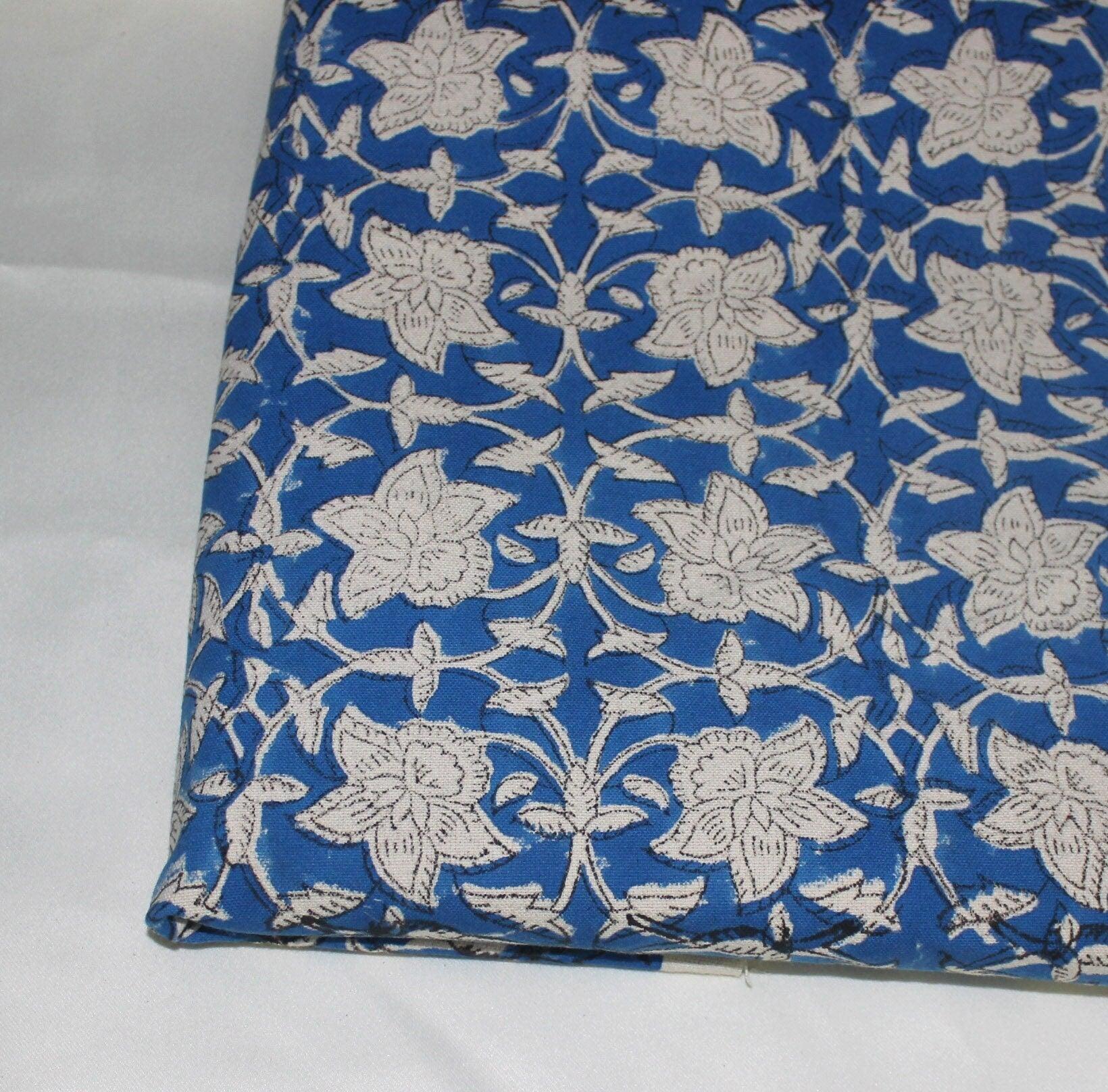 Azure Sky  Indian Handmade Block Print Art On Pure Linen & Cotton Fabrics, Floral Design Running Fabric For Home Decors Upholsterypillows