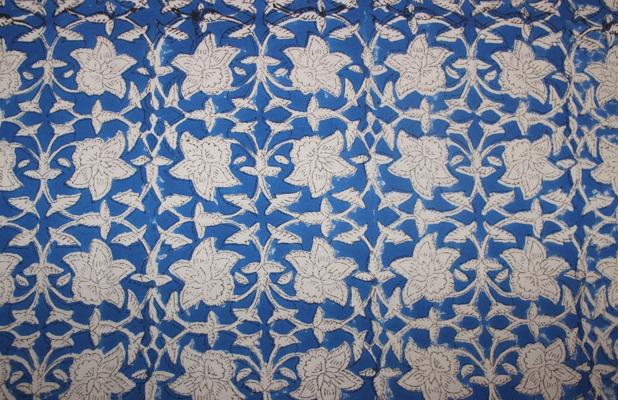 Azure Sky  Indian Handmade Block Print Art On Pure Linen & Cotton Fabrics, Floral Design Running Fabric For Home Decors Upholsterypillows