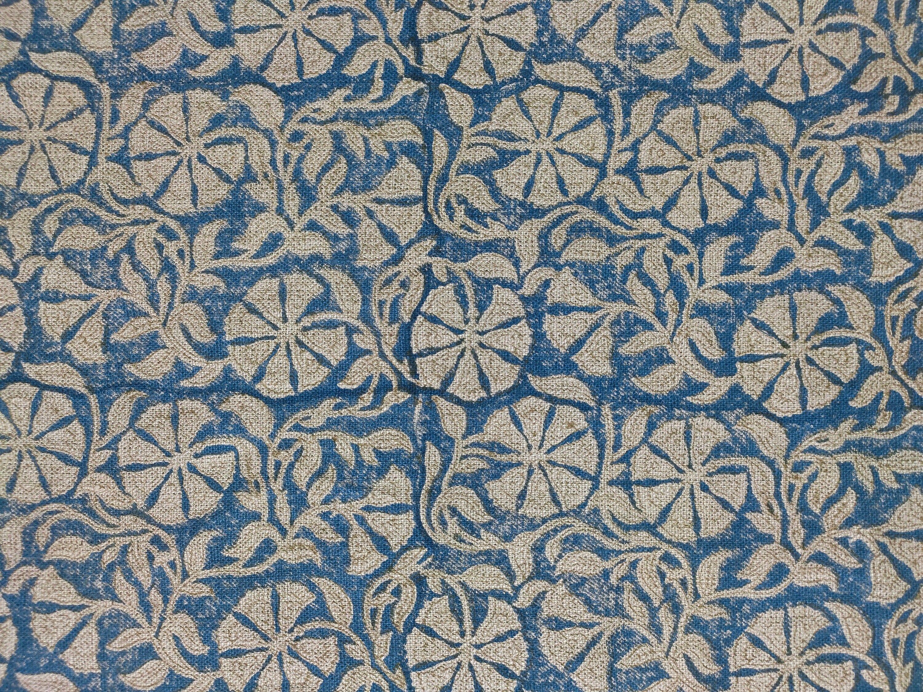 Block Print Linen Fabric, Rudraksha Skyblue  Block Print Fabric, Linen Fabric By The Yard, Flower Printed Fabric For Pillow Cover Making, Upholstery Linen Fabric